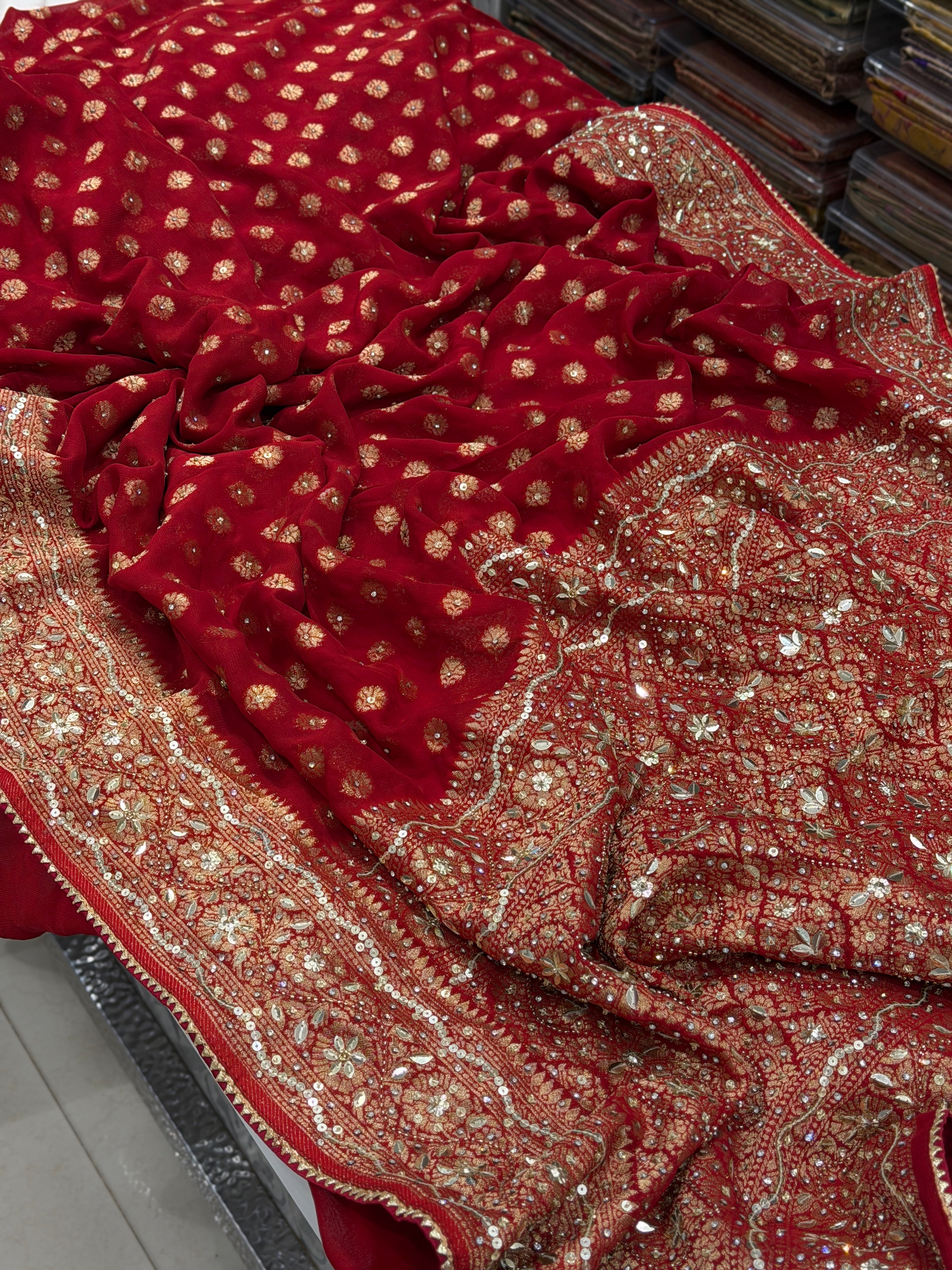 Red Banarasi Khaddi Georgette Butti Sequin Hand Embroidery Saree