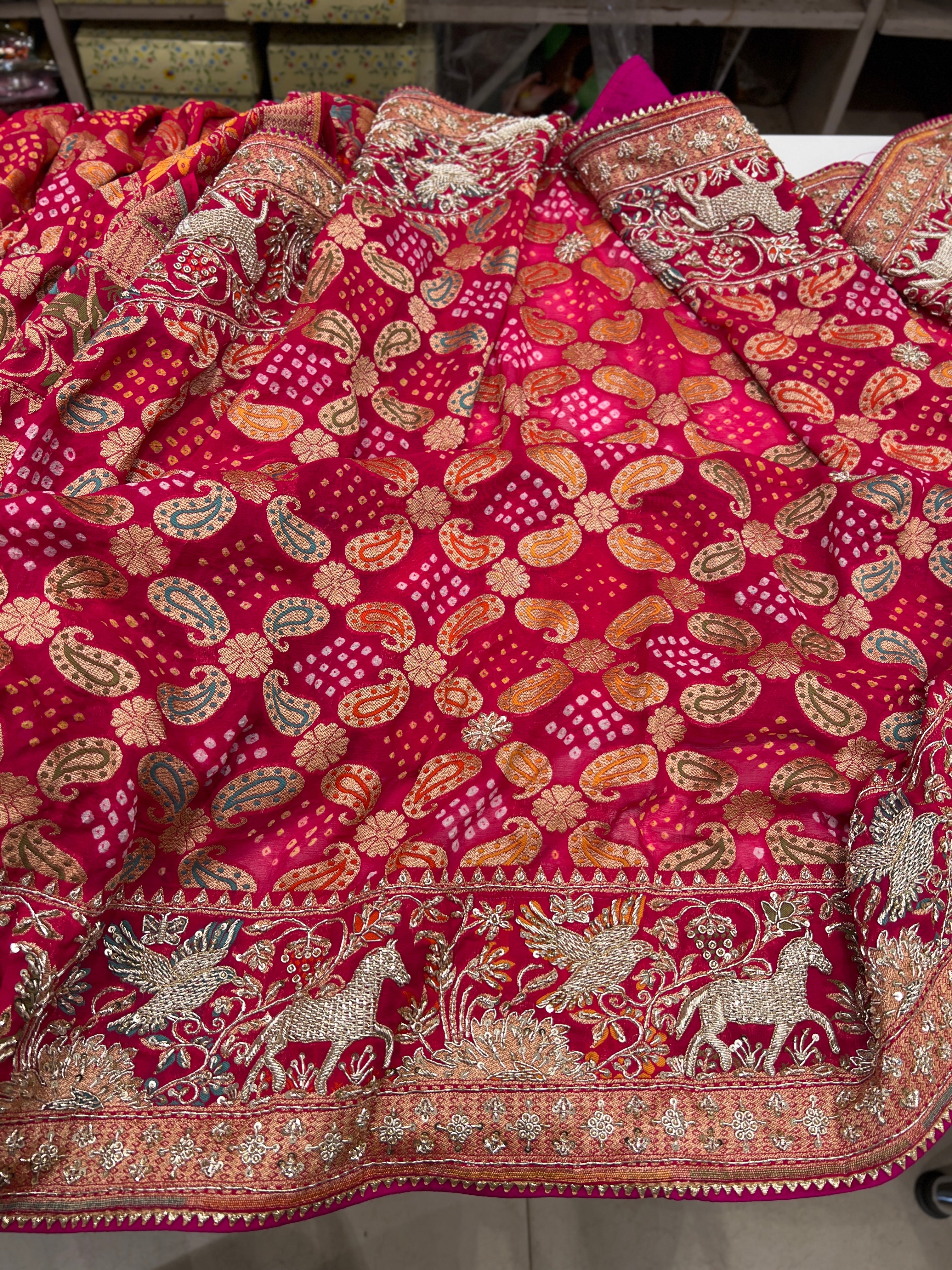 Pinkish Red Bandhej Meenakari Zardozi Saree