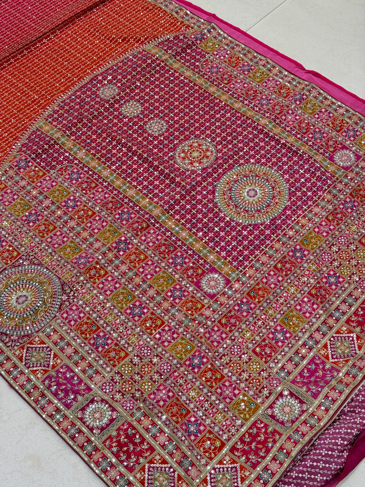 Rani Shaded Meenakari Crepe Banarasi Pita Embroidery Saree