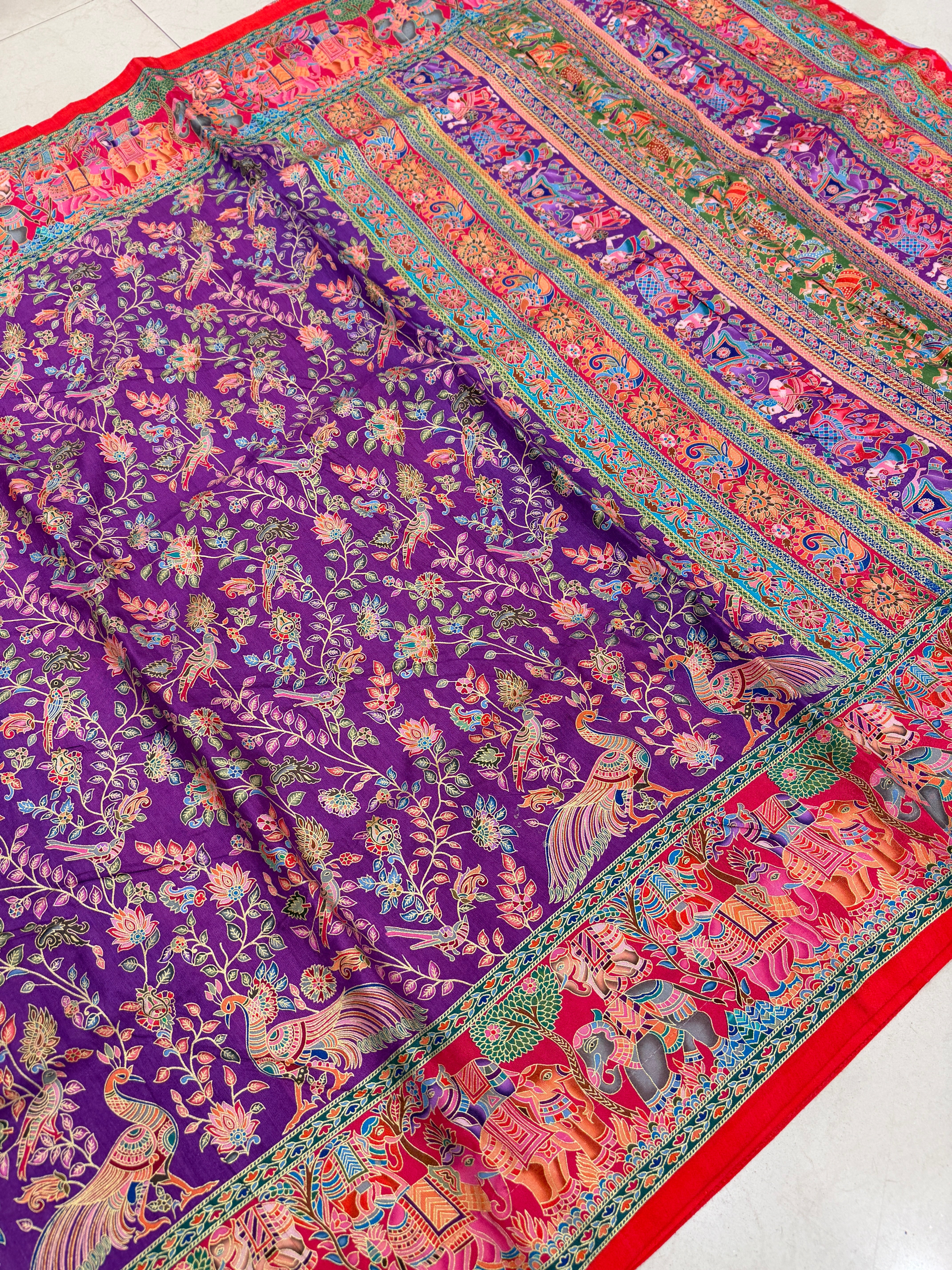 Violet Red Skirt Printed Pashmina Style Multi Colour Saree