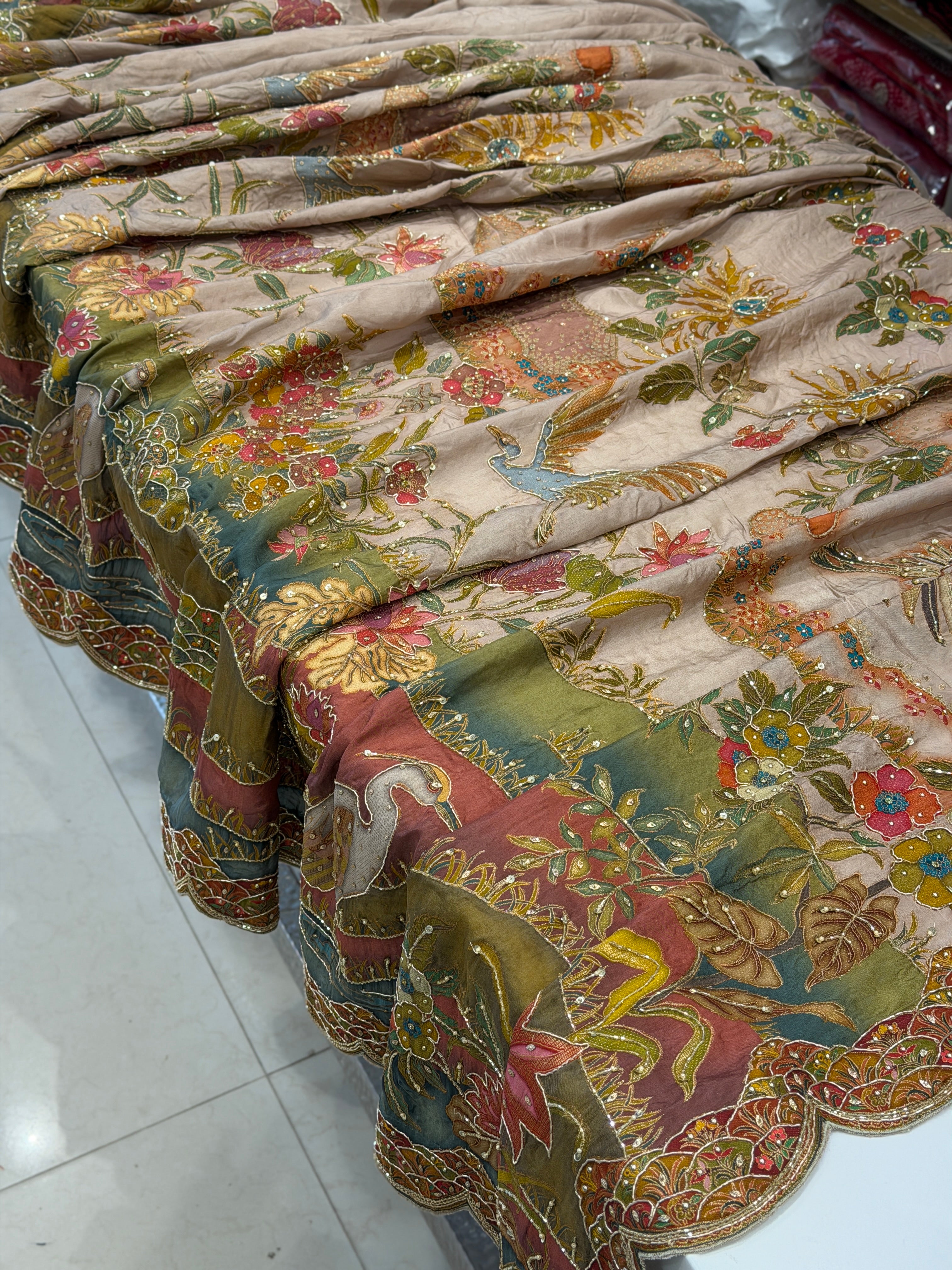 Champagne Munga Landscape Hand Embroidery Saree