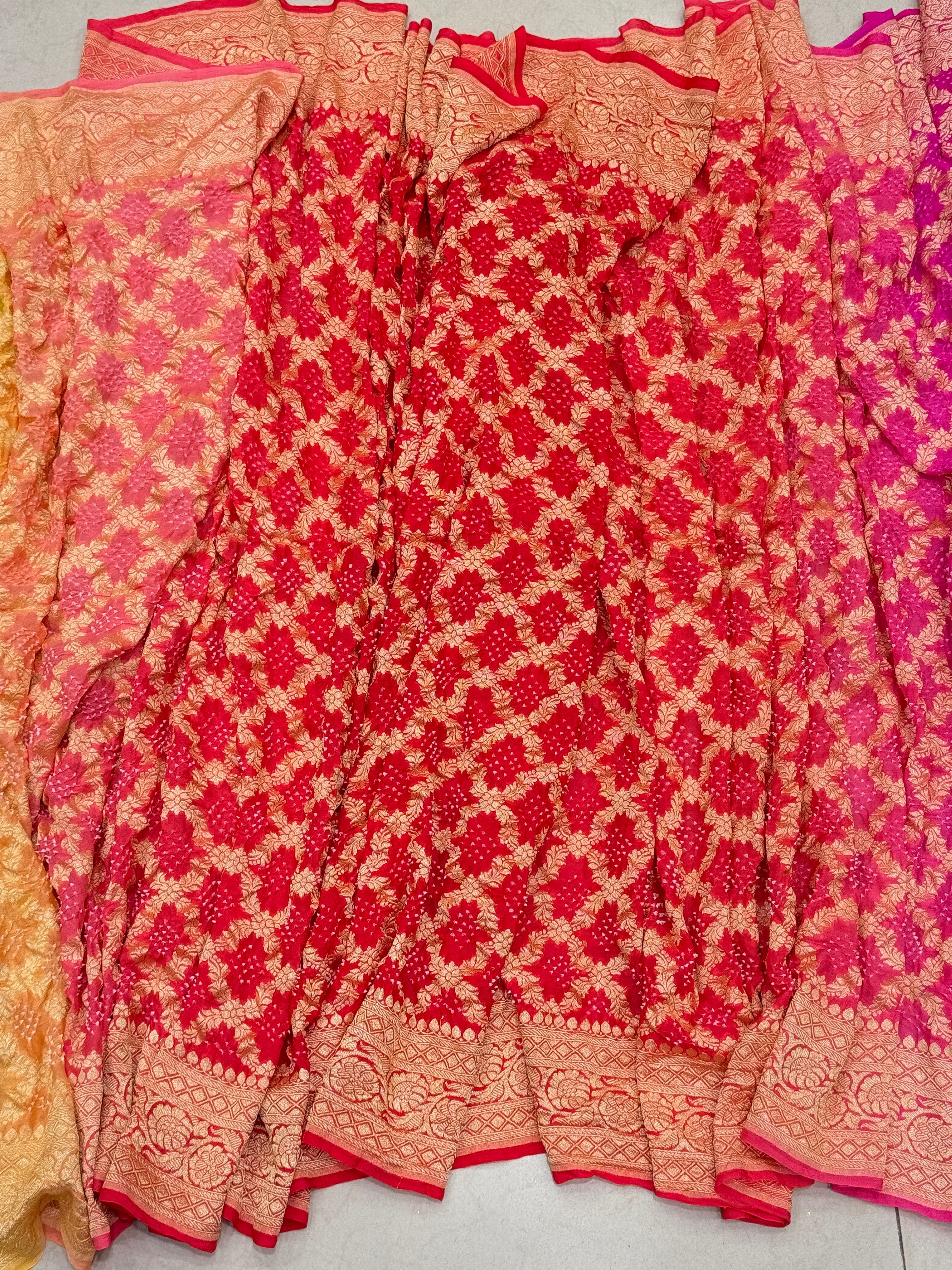 Shaded Rani Six Colour Bandhej Bandhini Saree