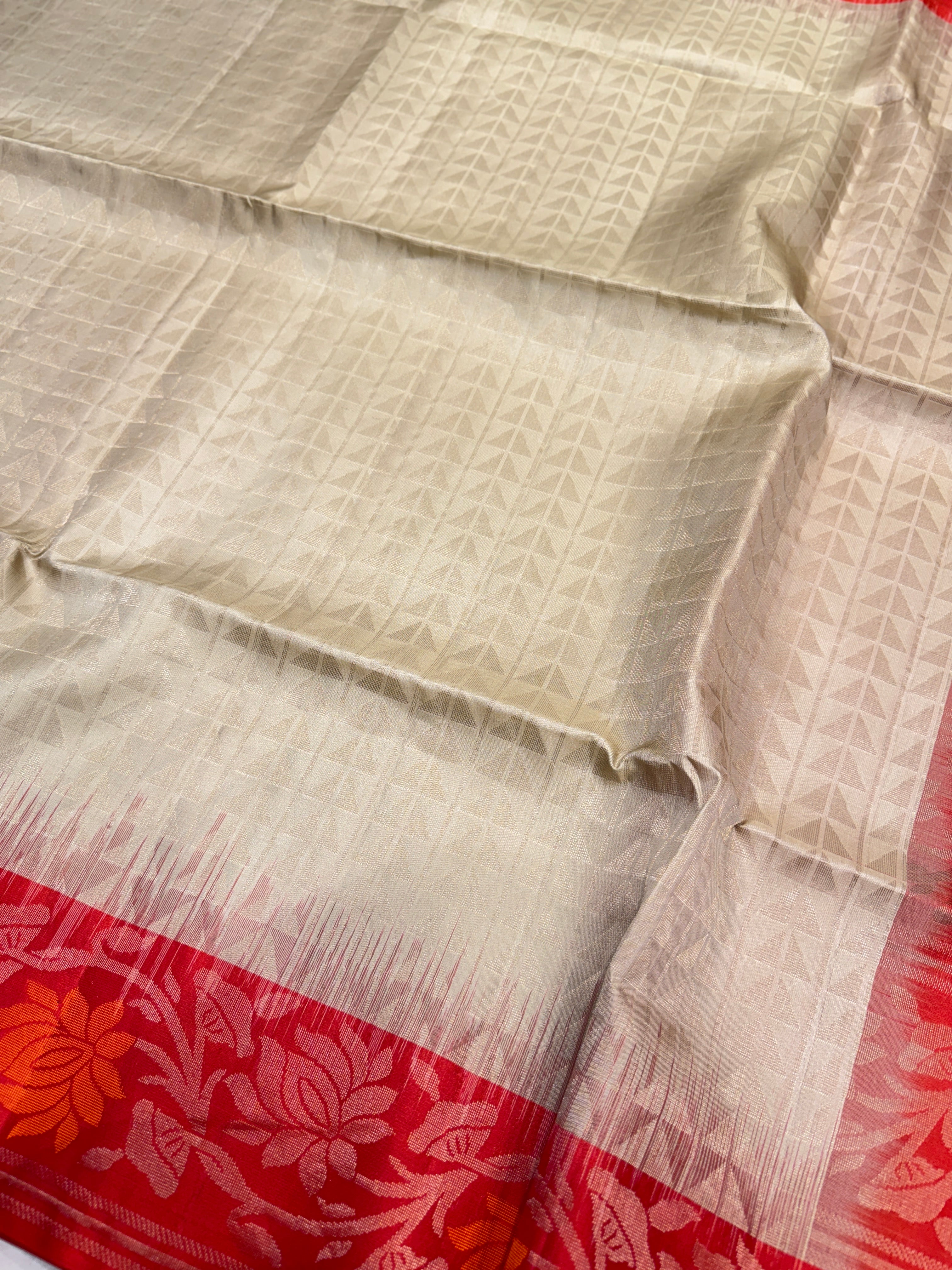 Moti White Red Jaal Pallu Contemporary Handloom Kanchipuram Pure Silk Saree