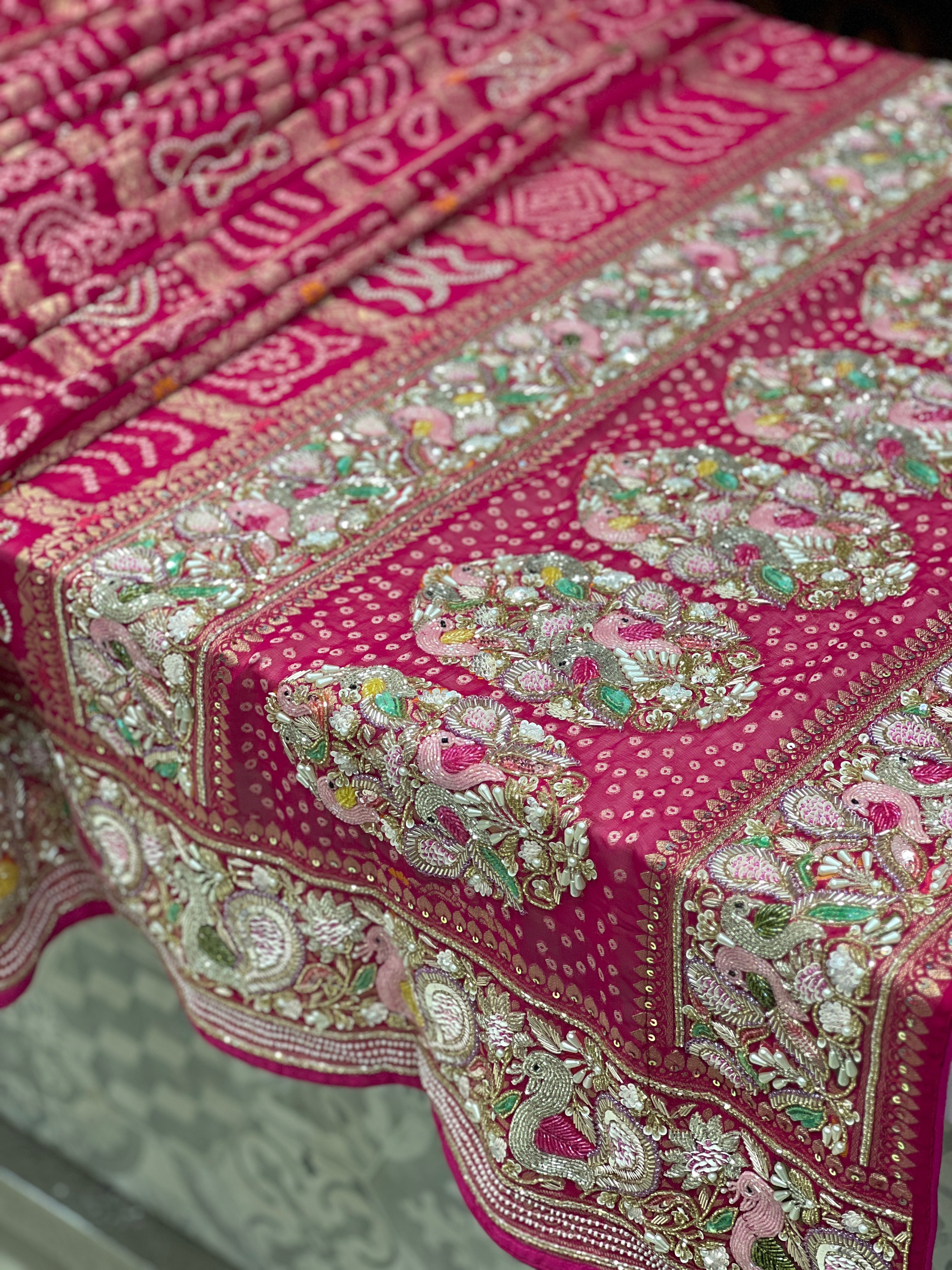 Rani Gharchola Moti Sequin Zardosi Hand Embroidery Georgette Saree