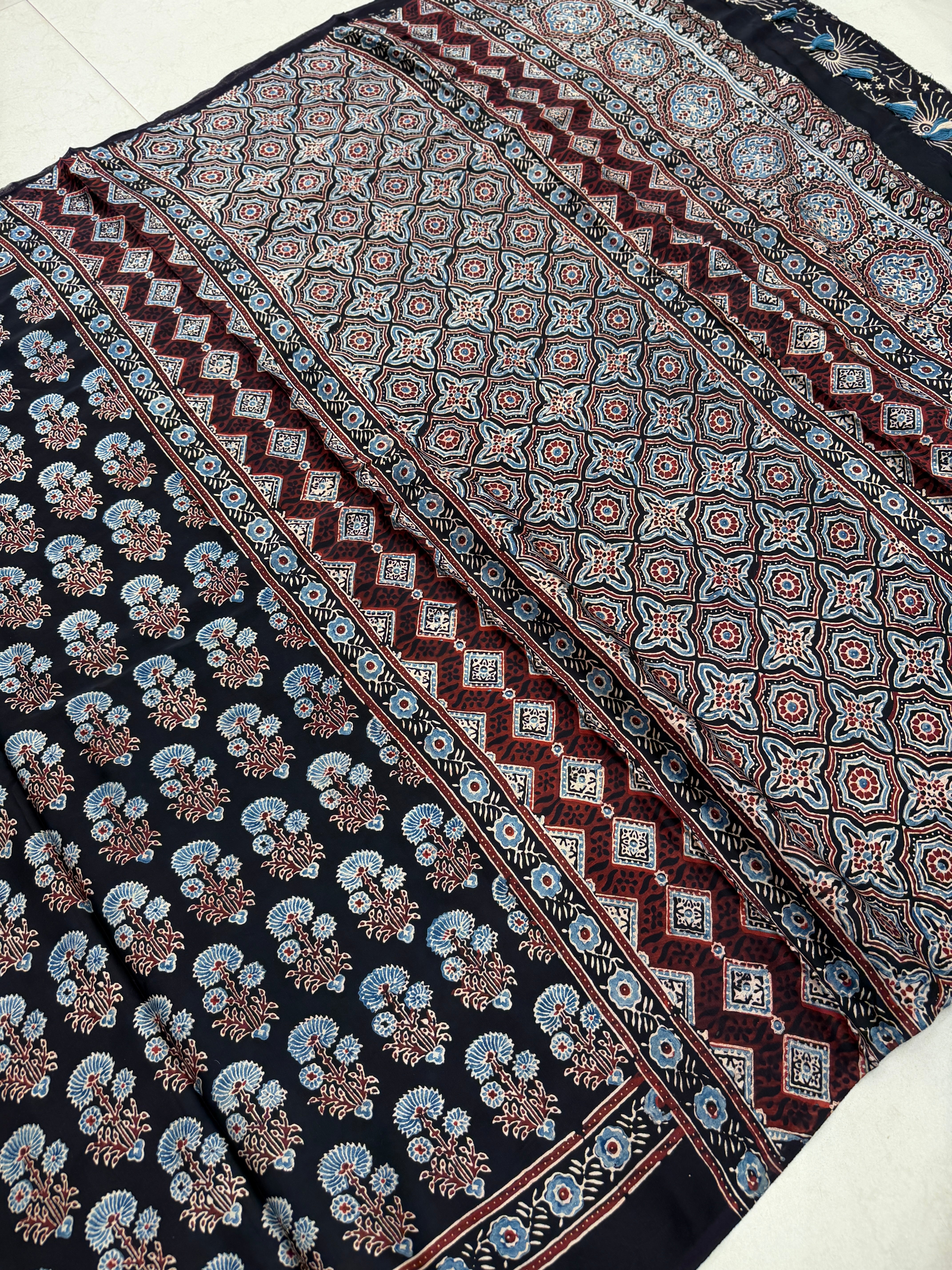 Black Floral Butta Ajrakh Hand Block Print Pure Gajji Silk Saree