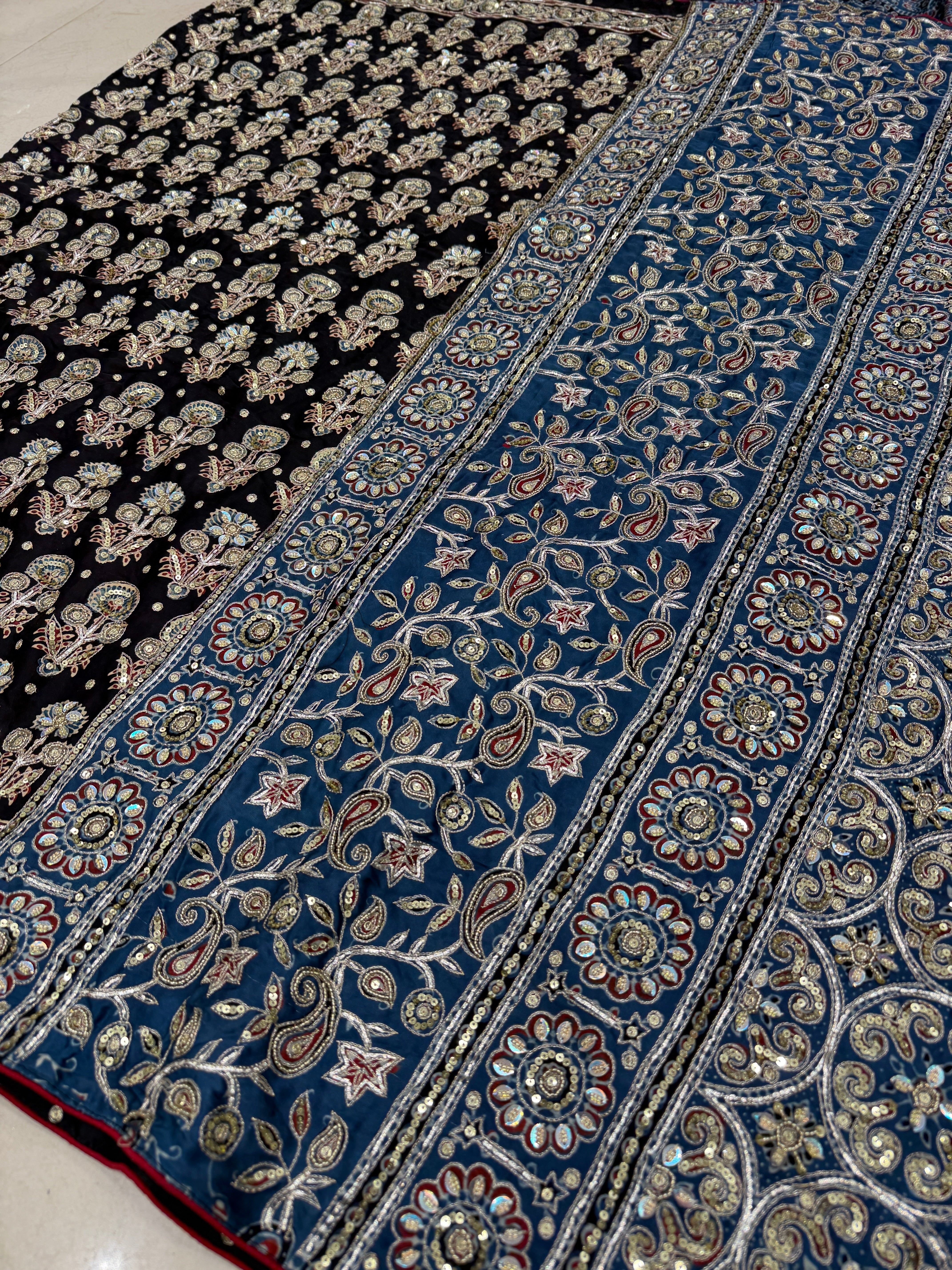 Black Blue Floral Butta Pita Sequin Ajrakh Hand Embroidery Saree