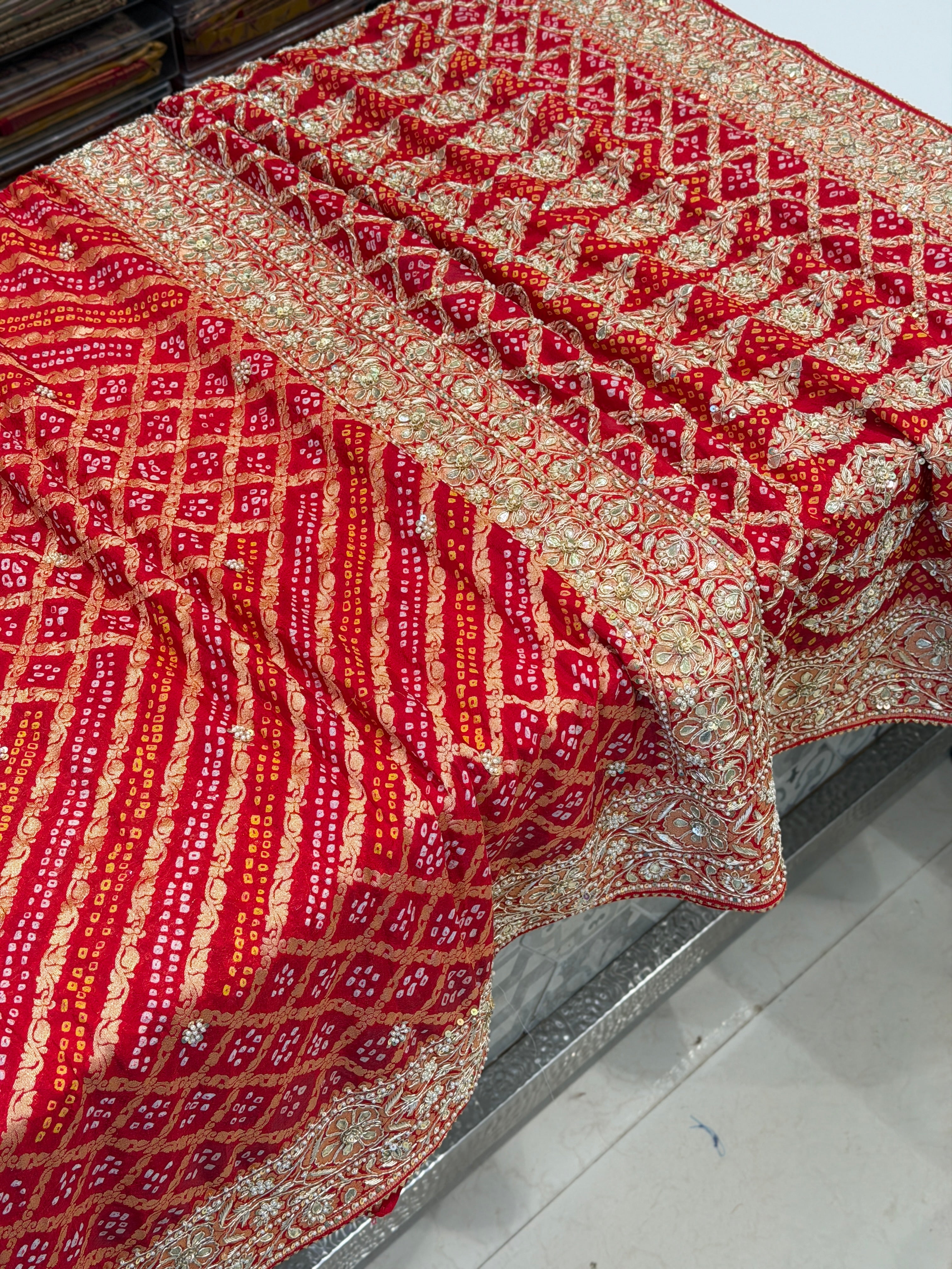 Red Bandhej Handloom Georgette Zardosi Hand Embroidery Saree