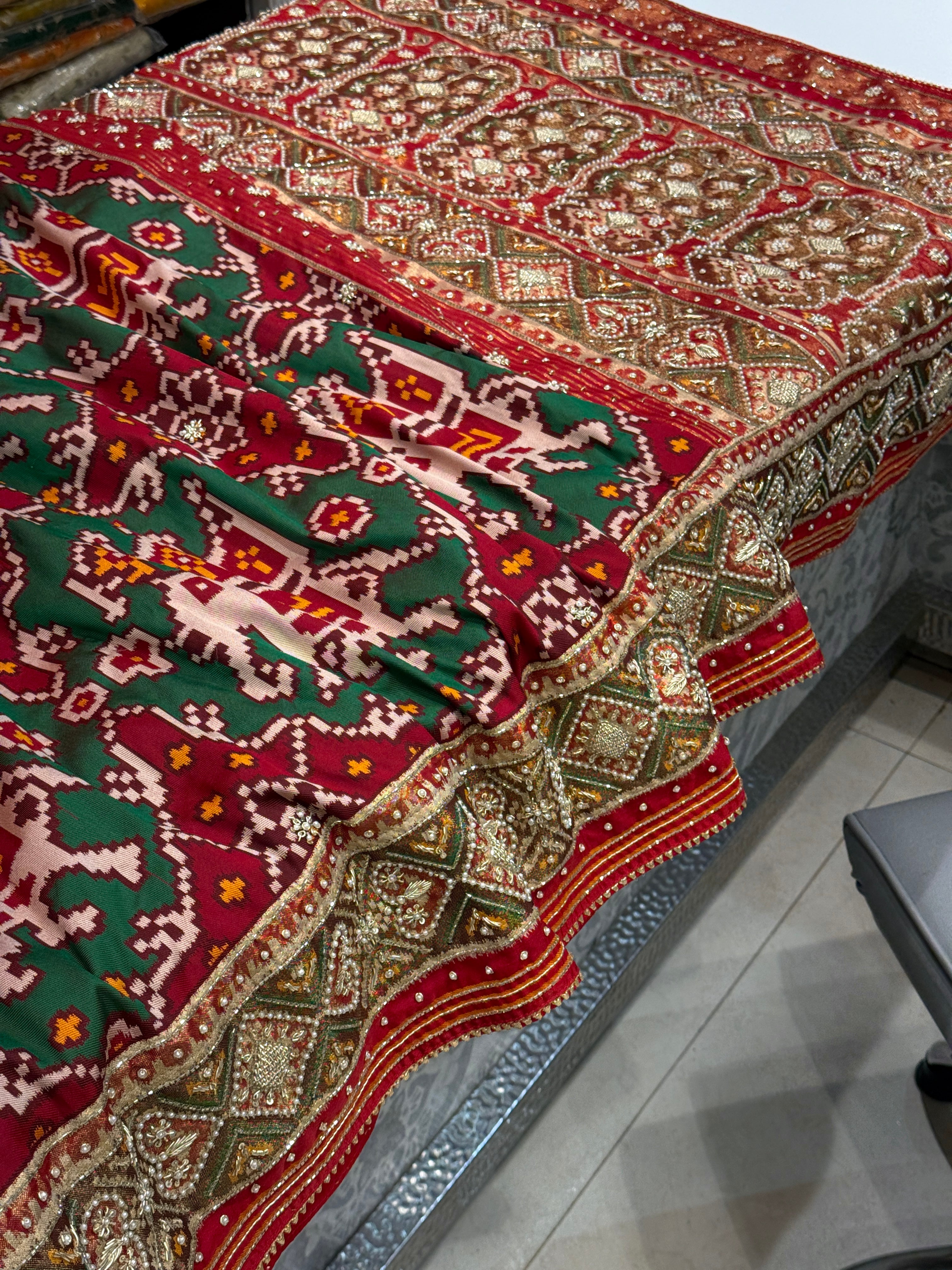 Maroon Green Big Elephant Patola Zardosi Embroidery Saree