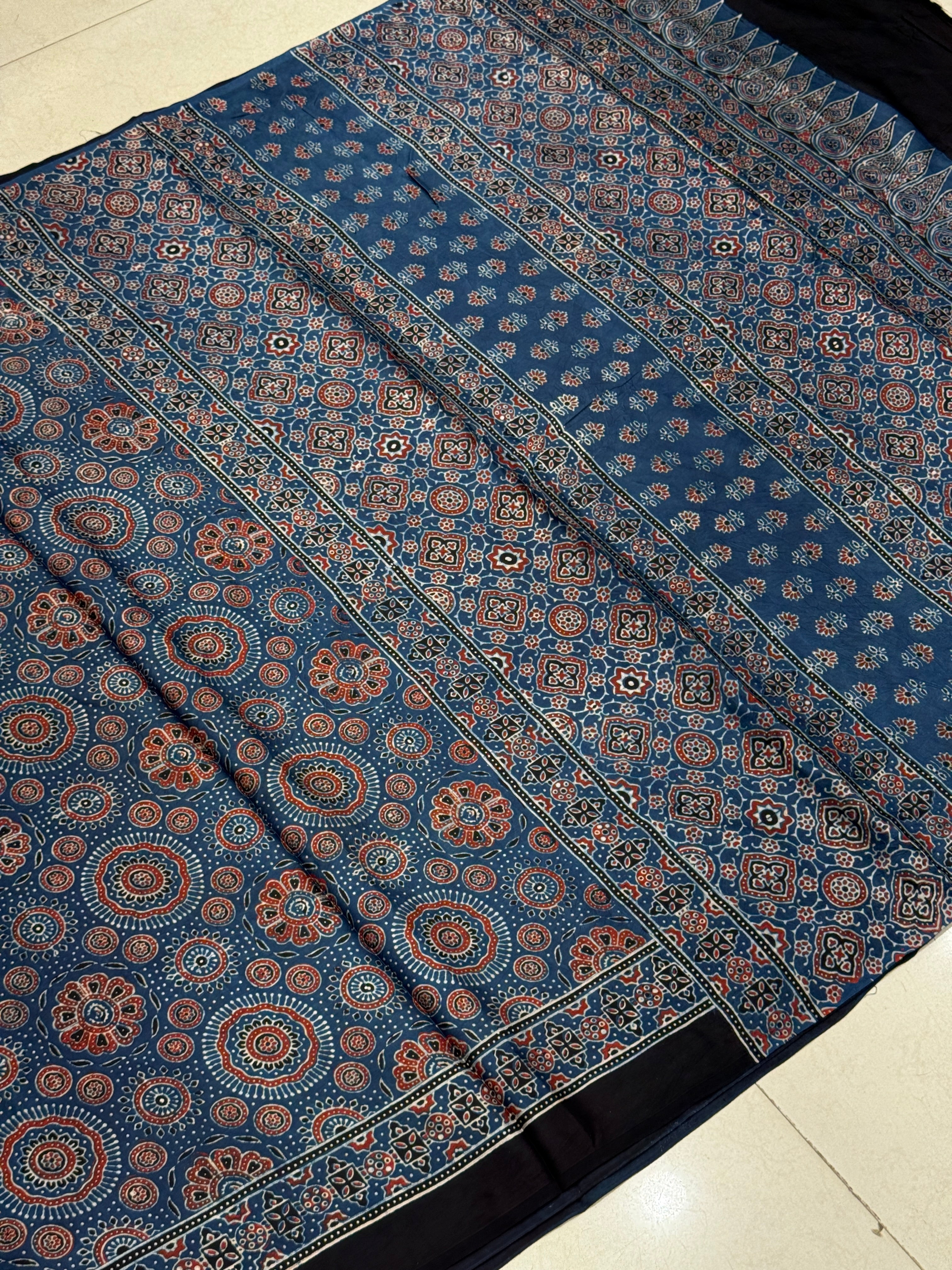 Blue Jewelled Jaal Ajrakh Modal Gajji Silk Saree