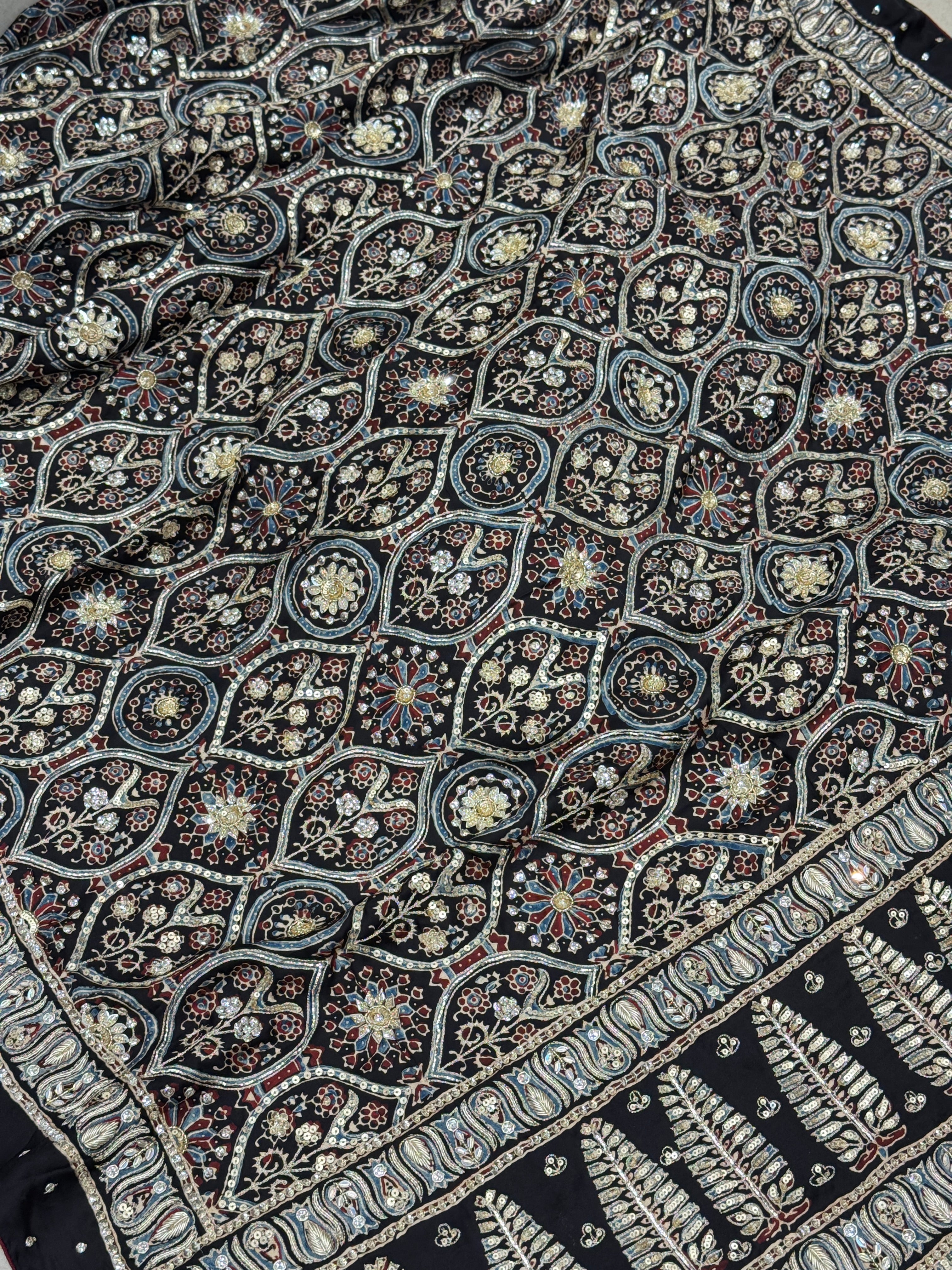 Ajrakh Black Badam Jaal Hand Embroidery Zardosi and Pita Work
