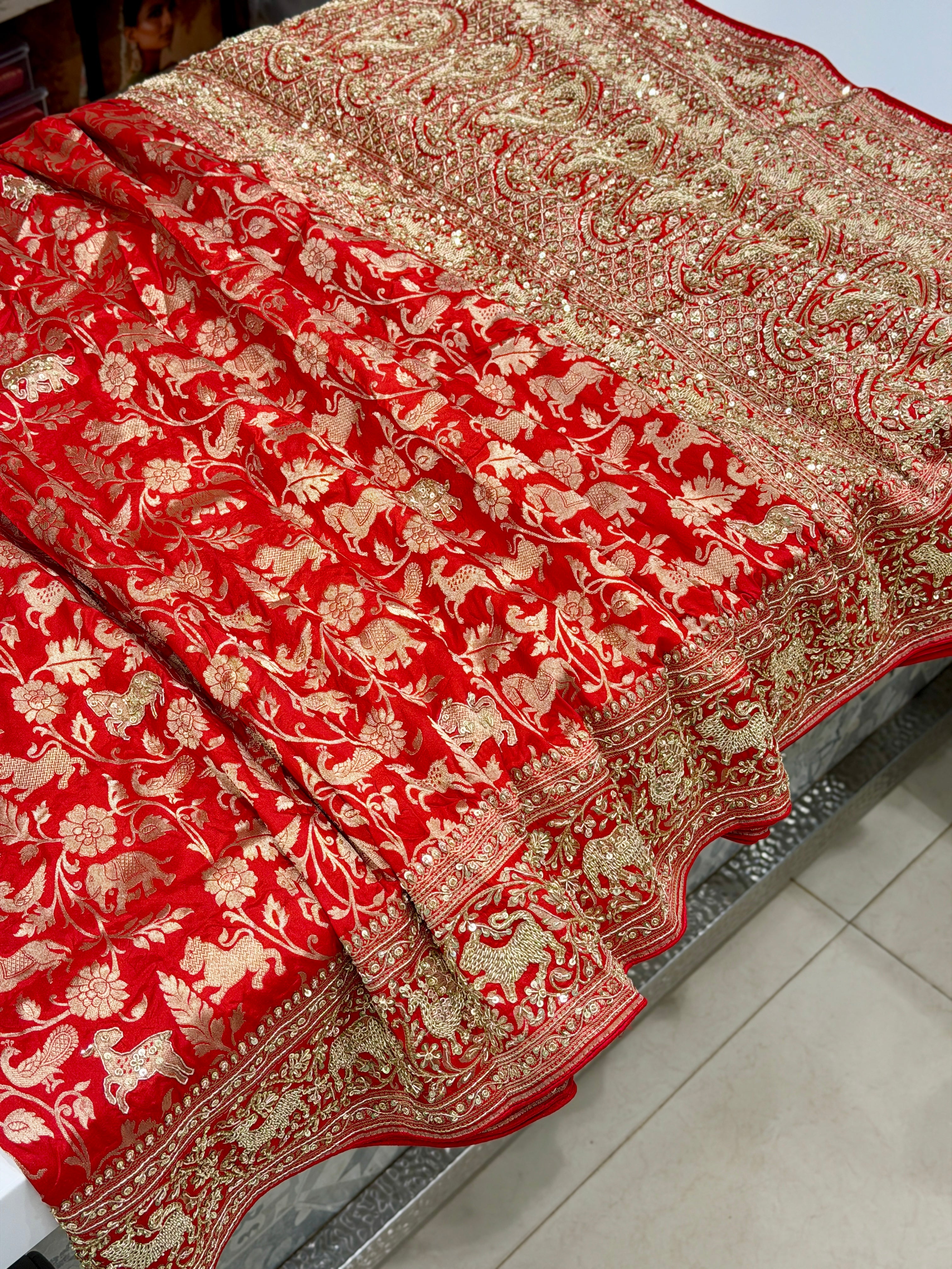 Red Banarasi Shikara Zardosi Hand Embroidery Saree