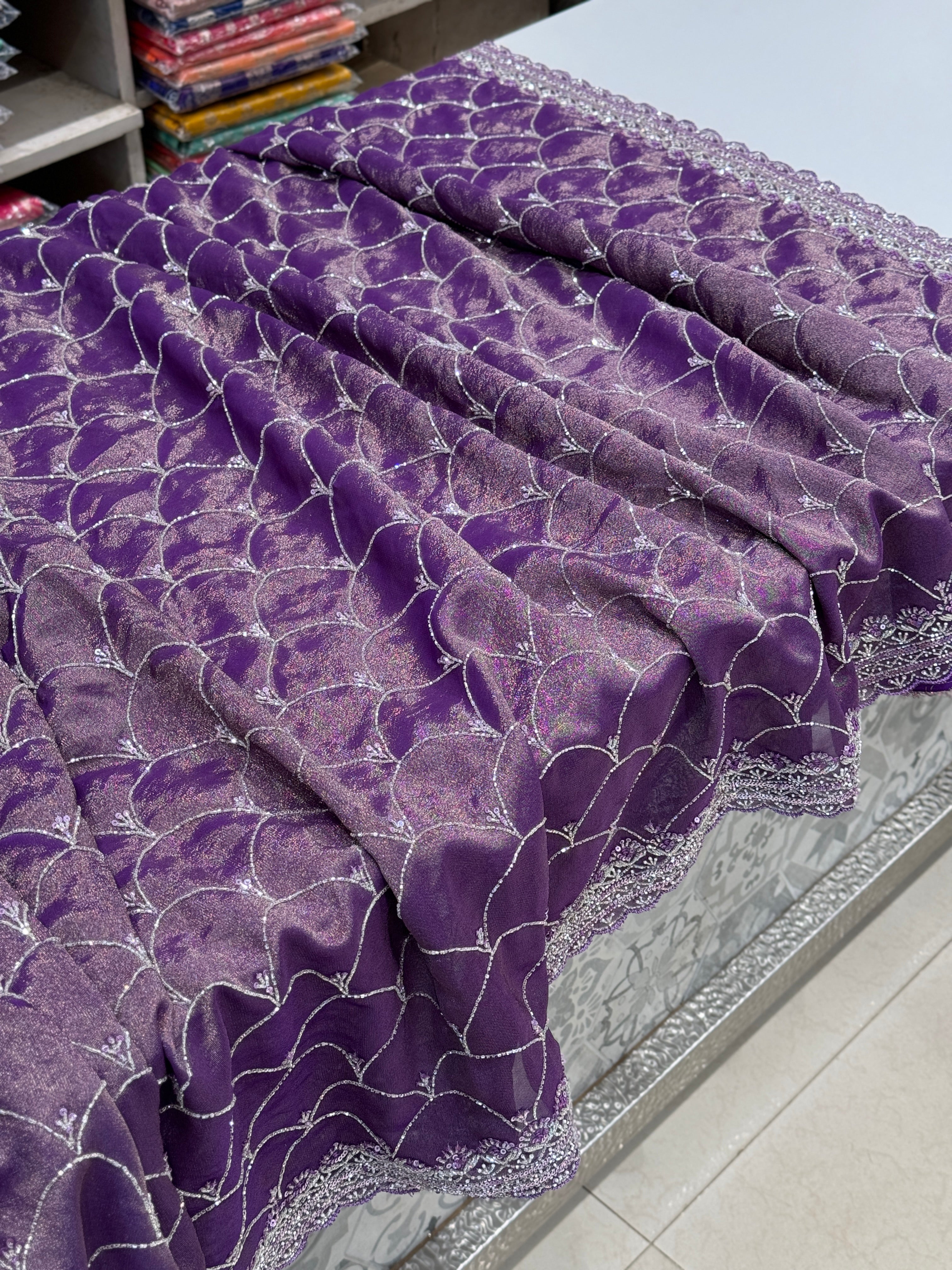 Dark Lilac Tissue Crepe Embroidery Saree