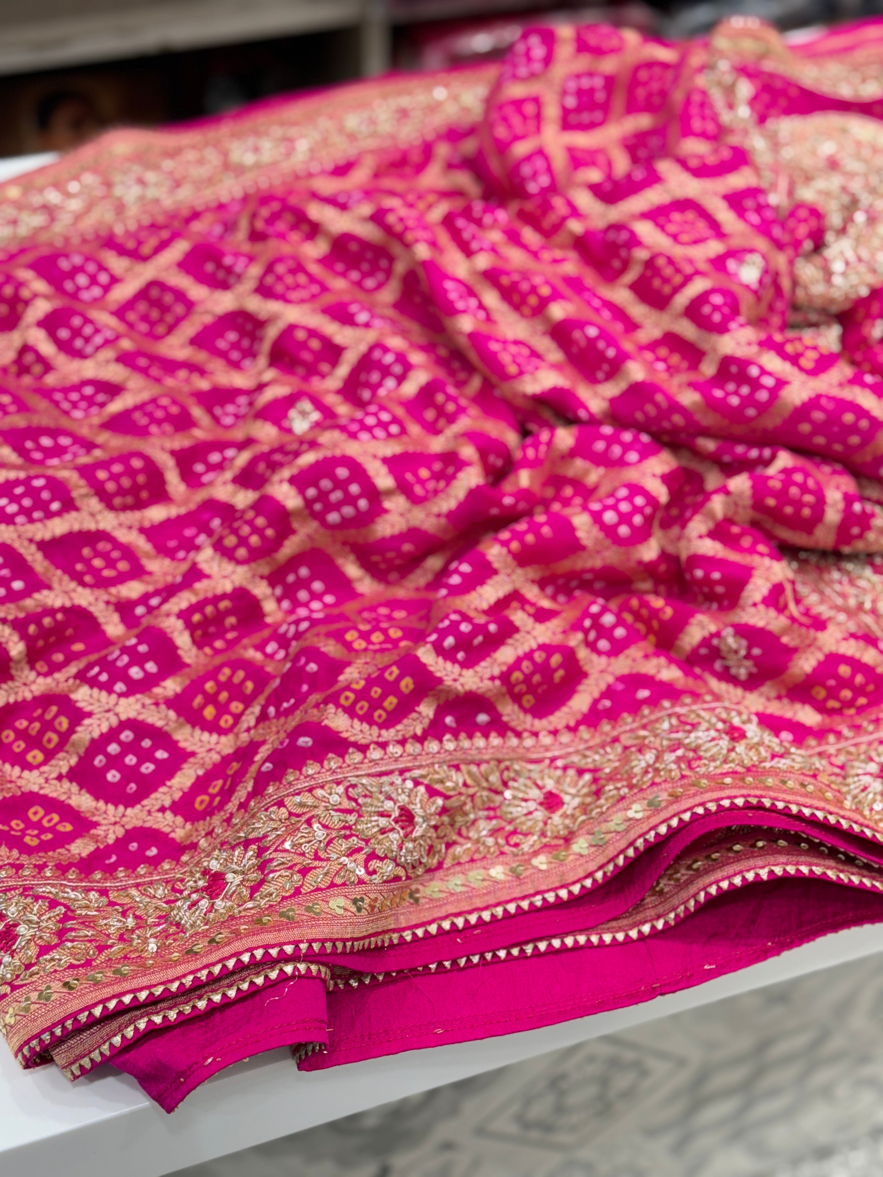 Rani Pink Bandhej Hand Embroidery Saree