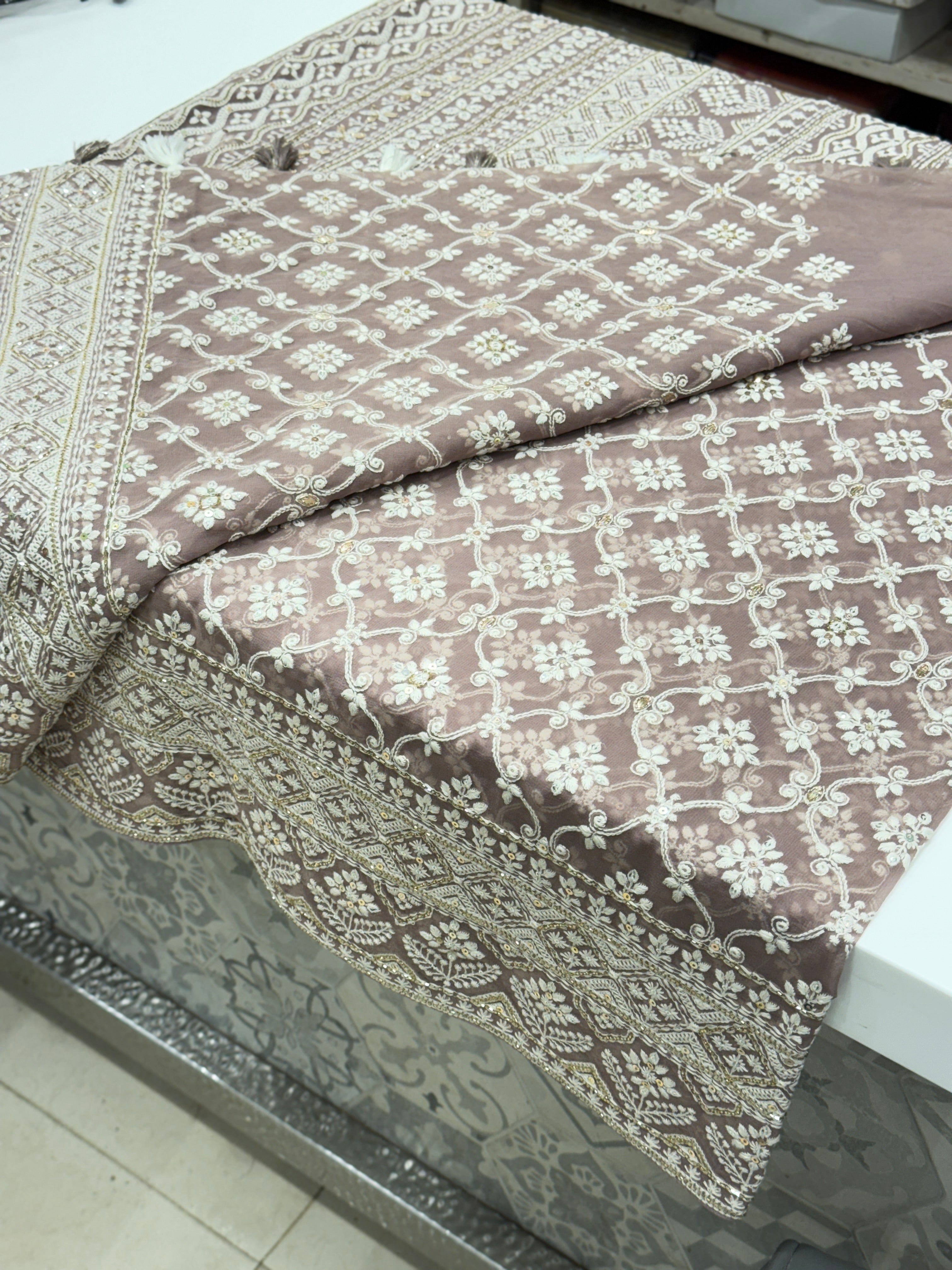 Mauve Pink Jaal Chikankari on Georgette with Cutdana Hand Embroidery