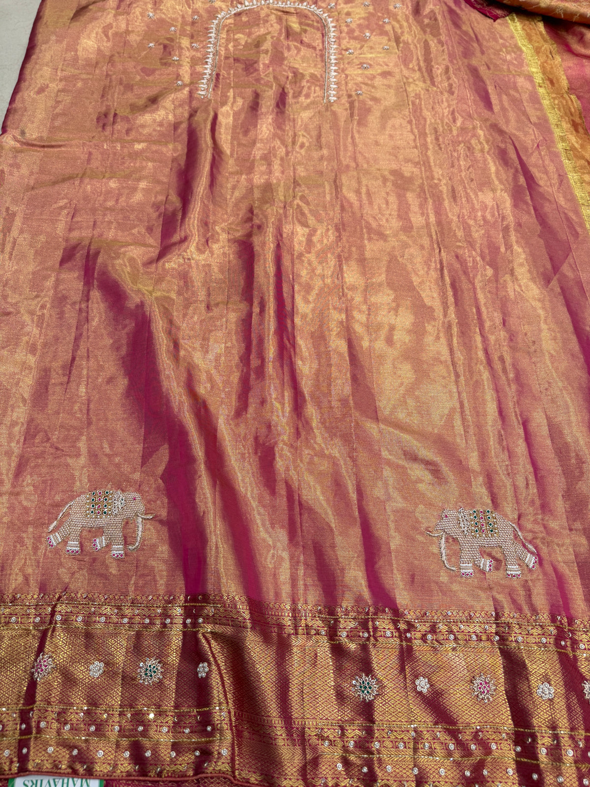 Golden Tissue Silk Kanjivaram Elephant Motif Zardosi Hand Embroidery Saree