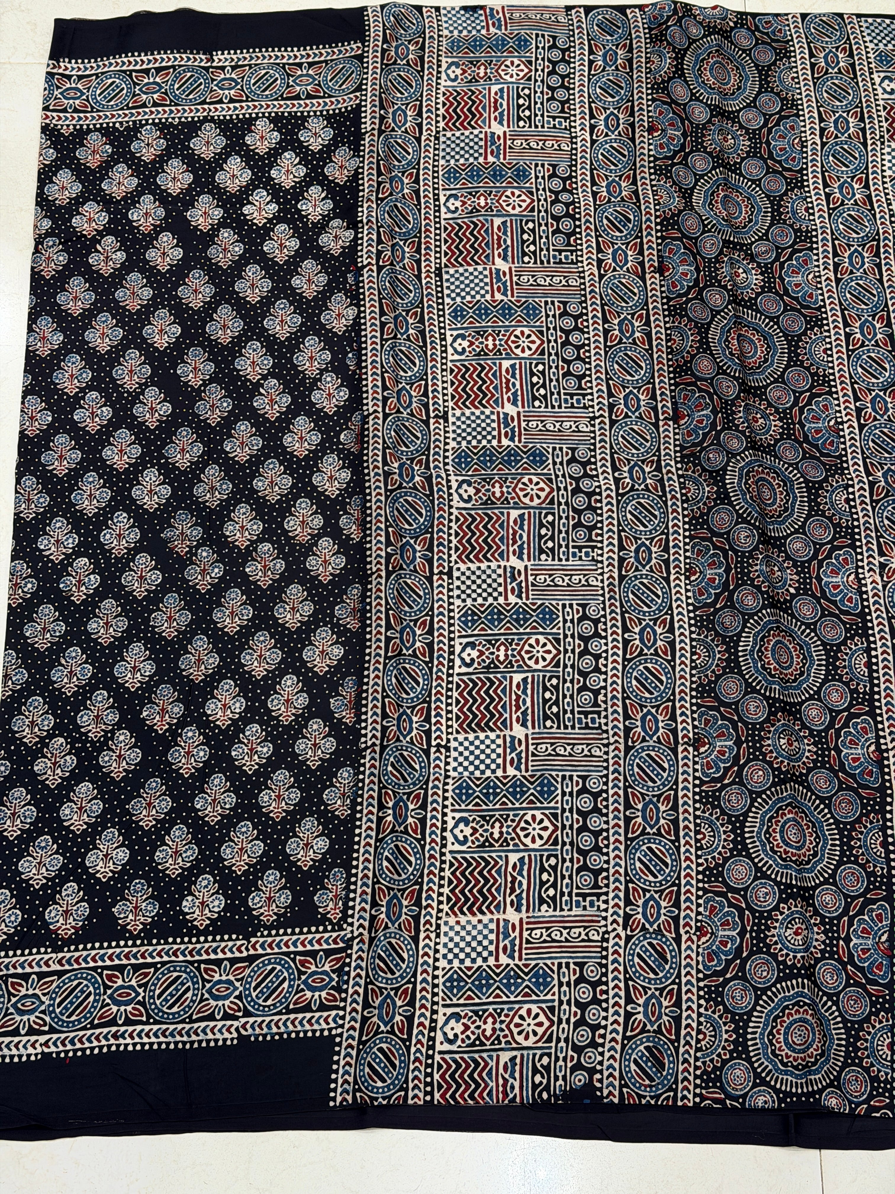 Black Buttis Ajrakh Hand Block Print Pure Modal Silk Saree