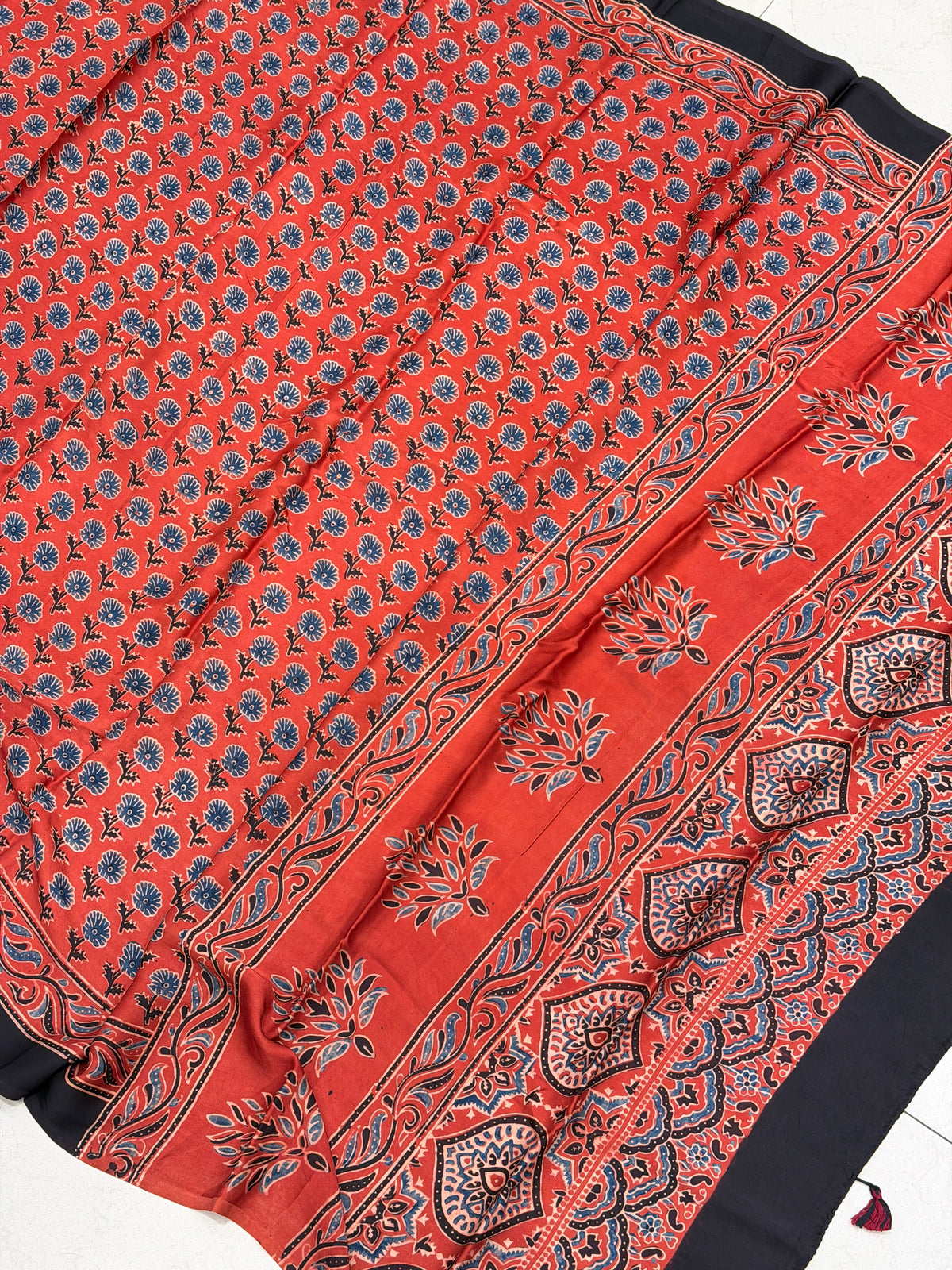 Red Buttis Ajrakh Hand Block Print Pure Gajji Silk Dupatta