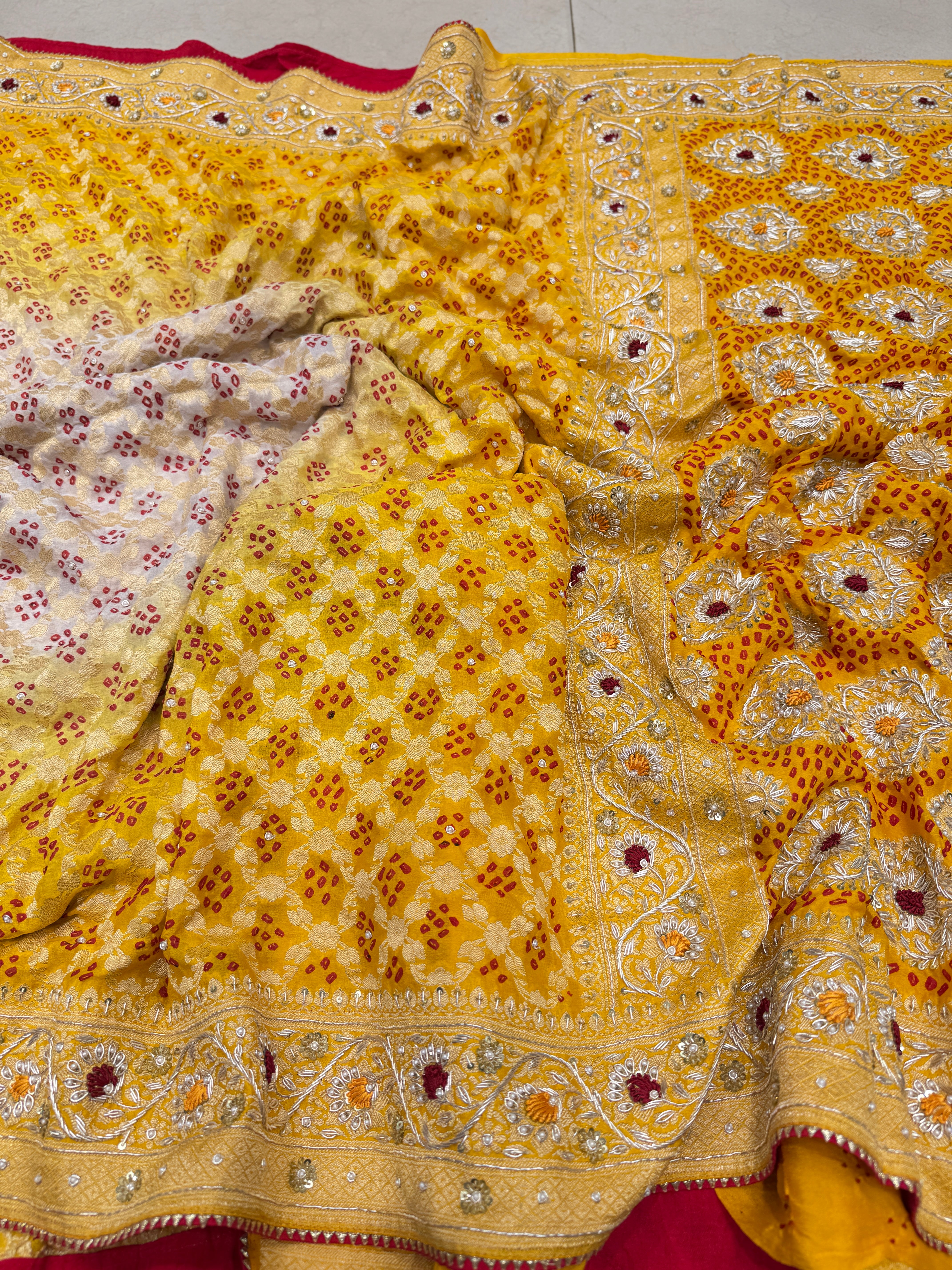 Yellow Bandhej Embroidery Saree