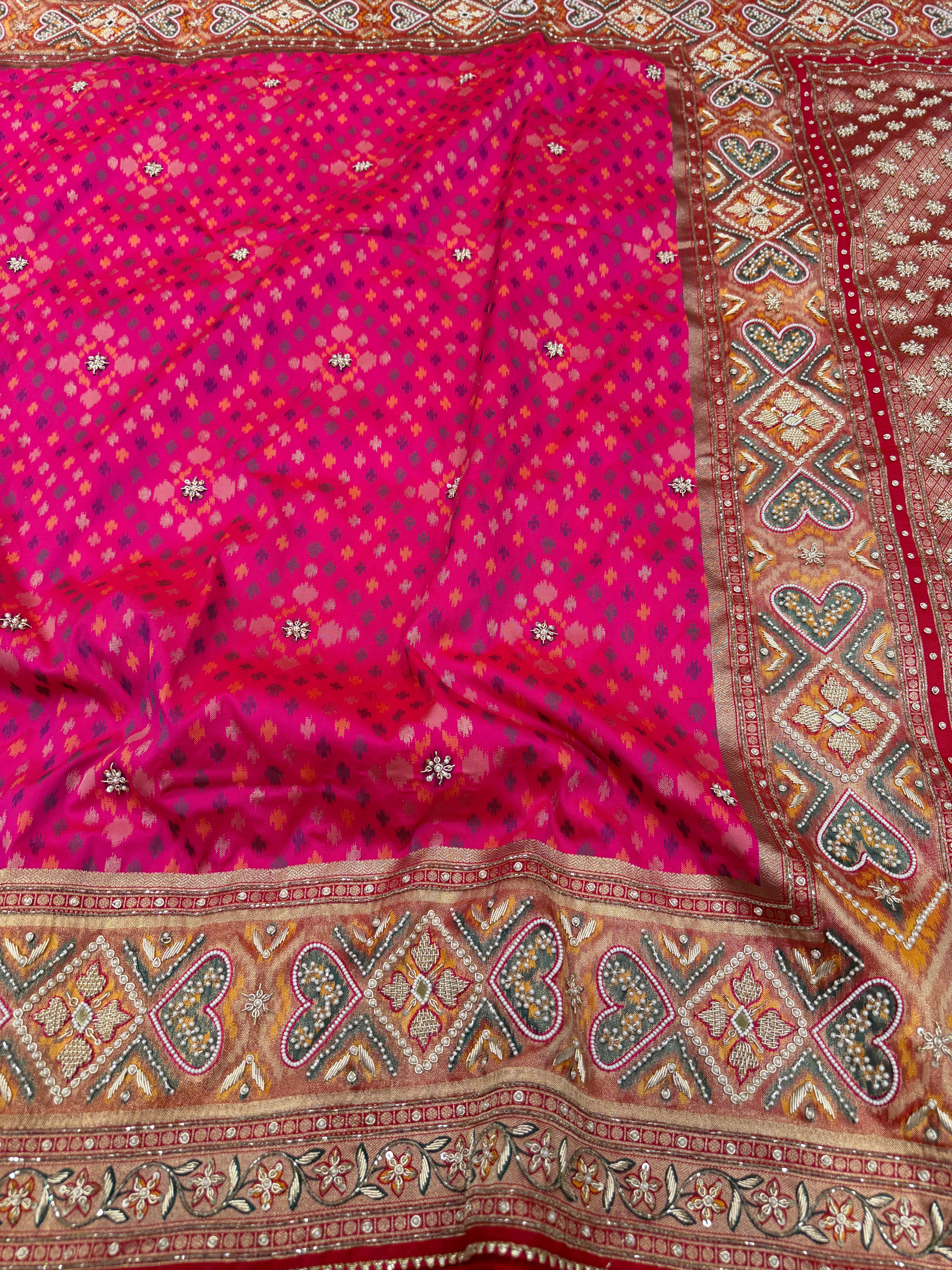 Rani Pink Patola Zardosi Hand Embroidery Saree Small Ikat