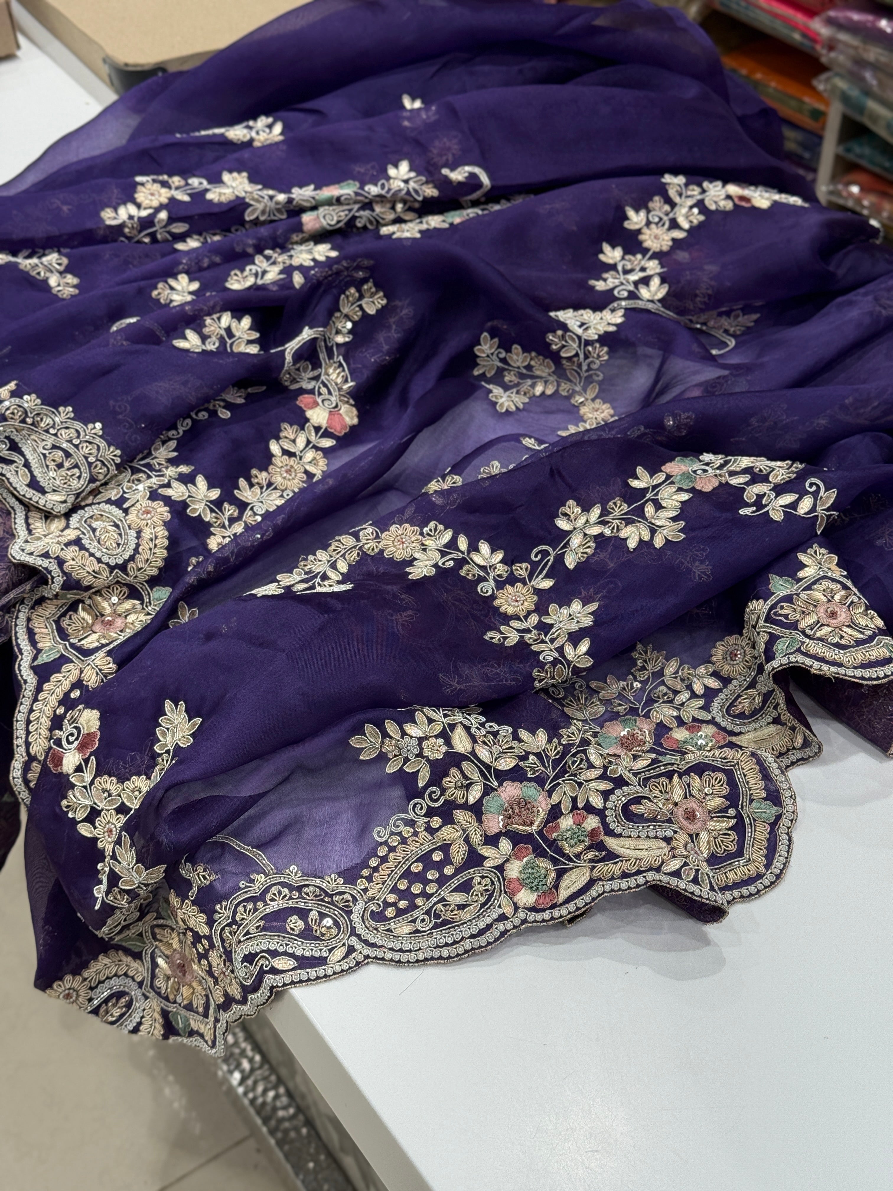 Violet Handloom Organza Zardosi Embroidery Saree