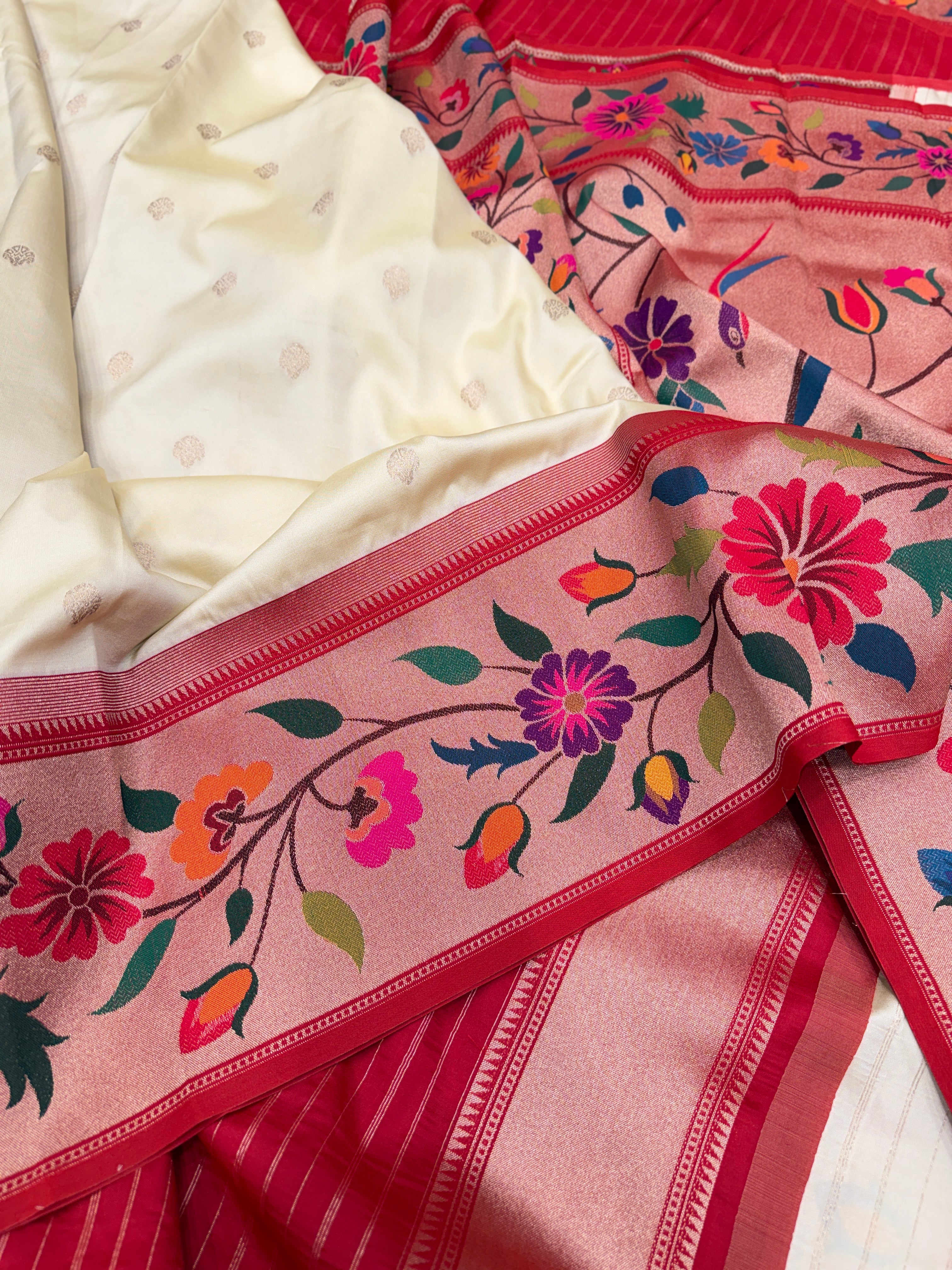Moti White Floral Border Paithani Silk Saree