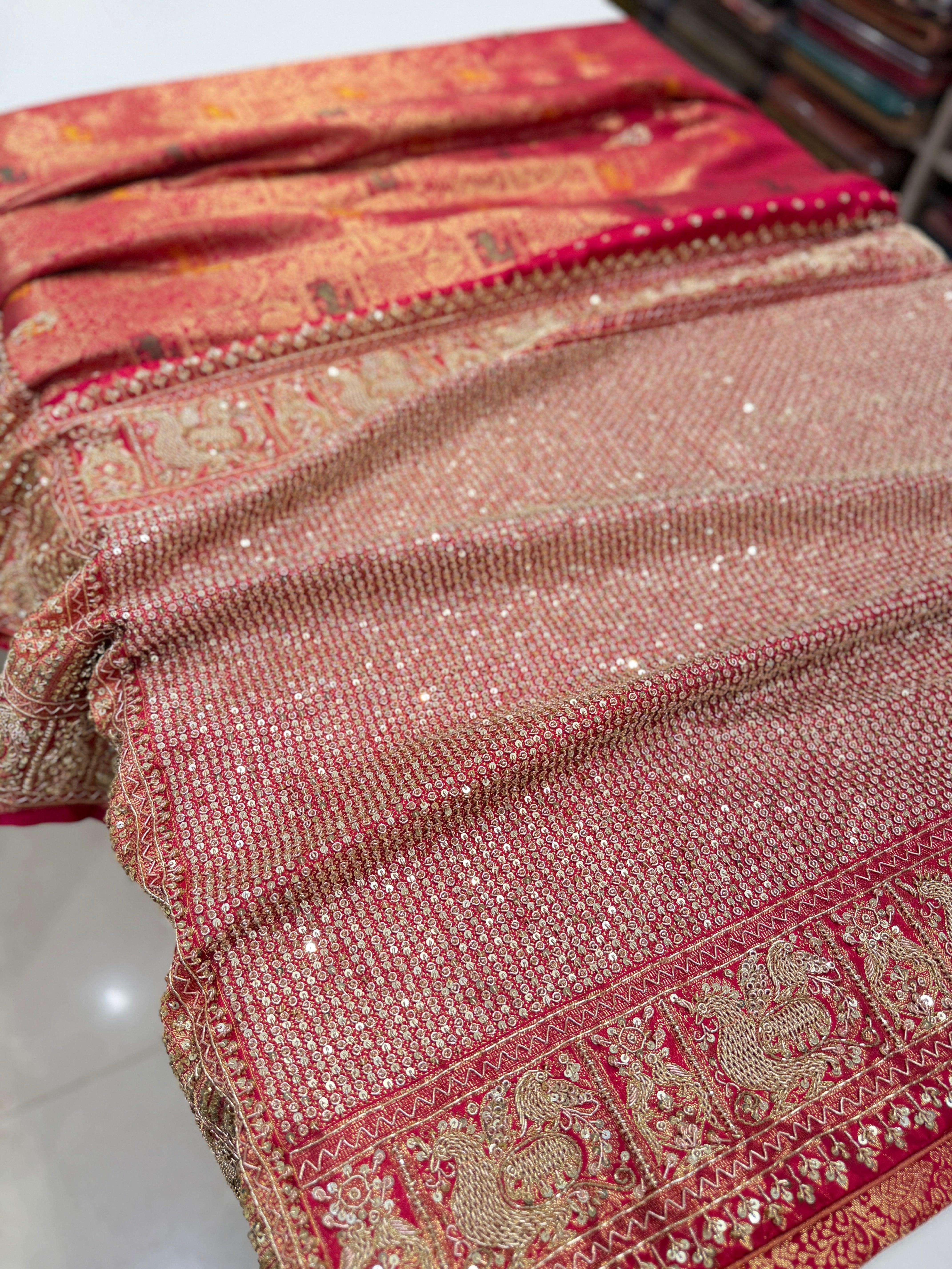 Rani Pink Peacock Motif Meenakari Hand Embroidery Zardosi Saree