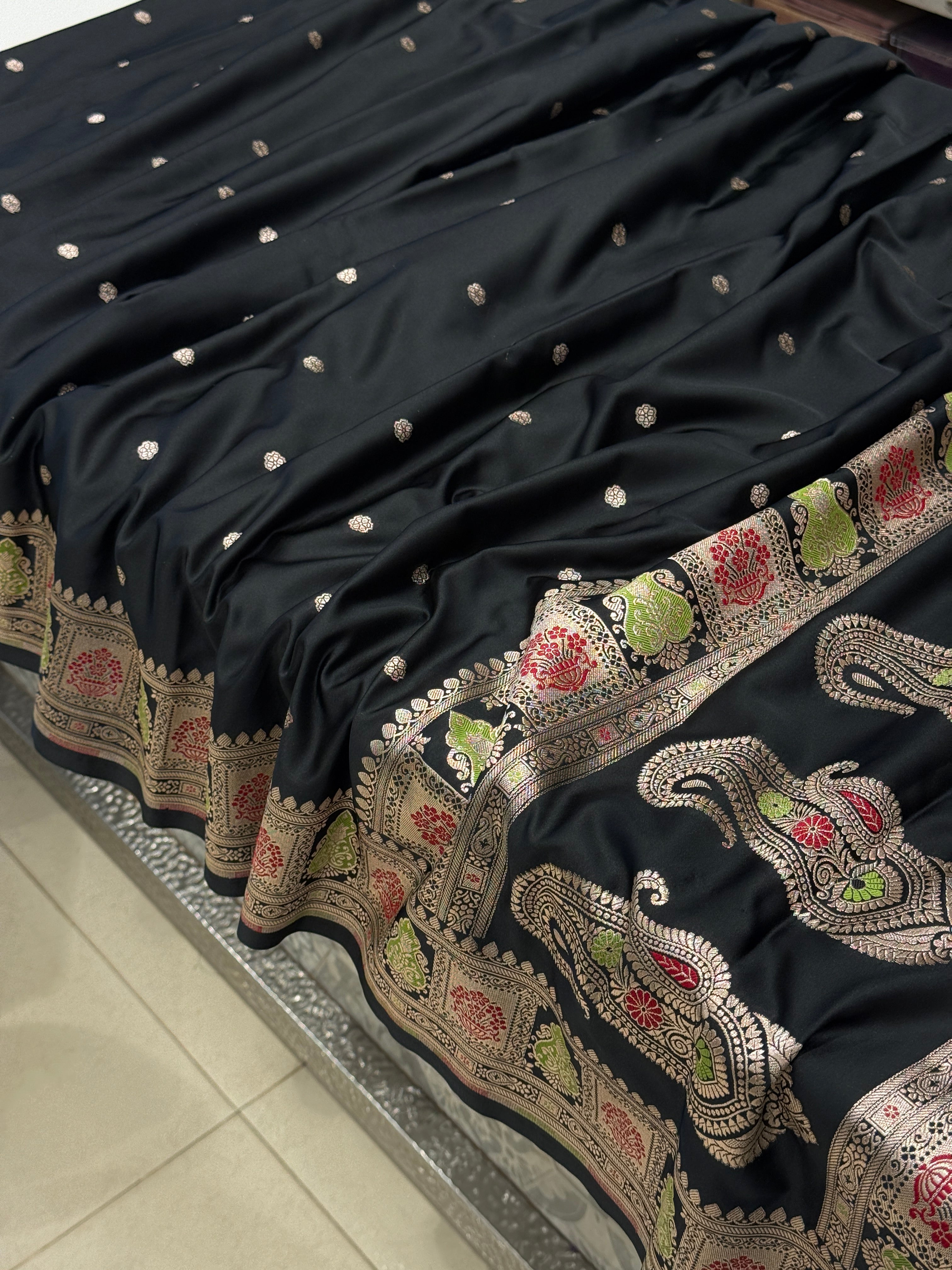Black Banarasi Silk Butti Saree with Meenkari Border