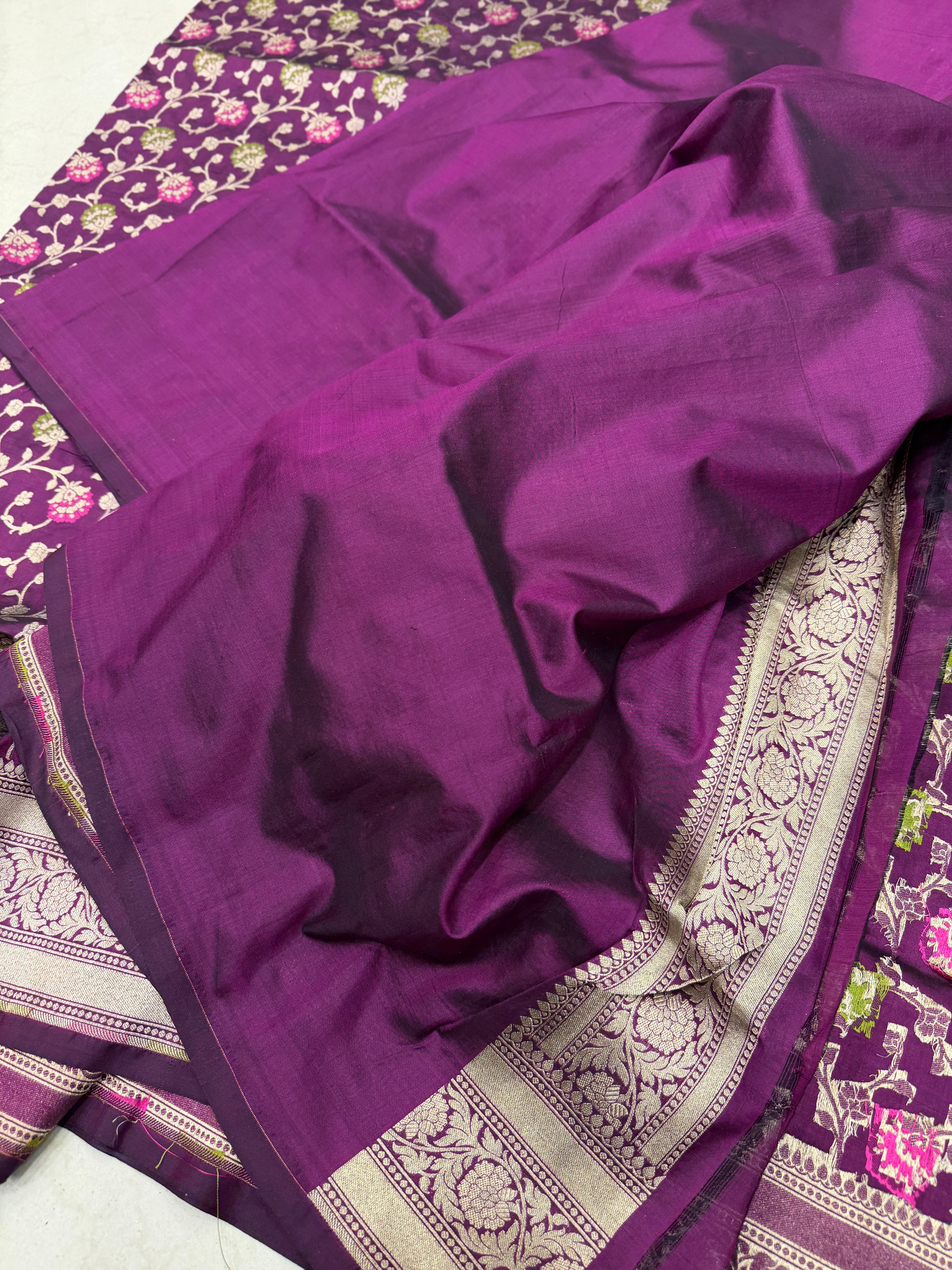 Wine Handloom Meenakari Jaal Katan Silk Saree