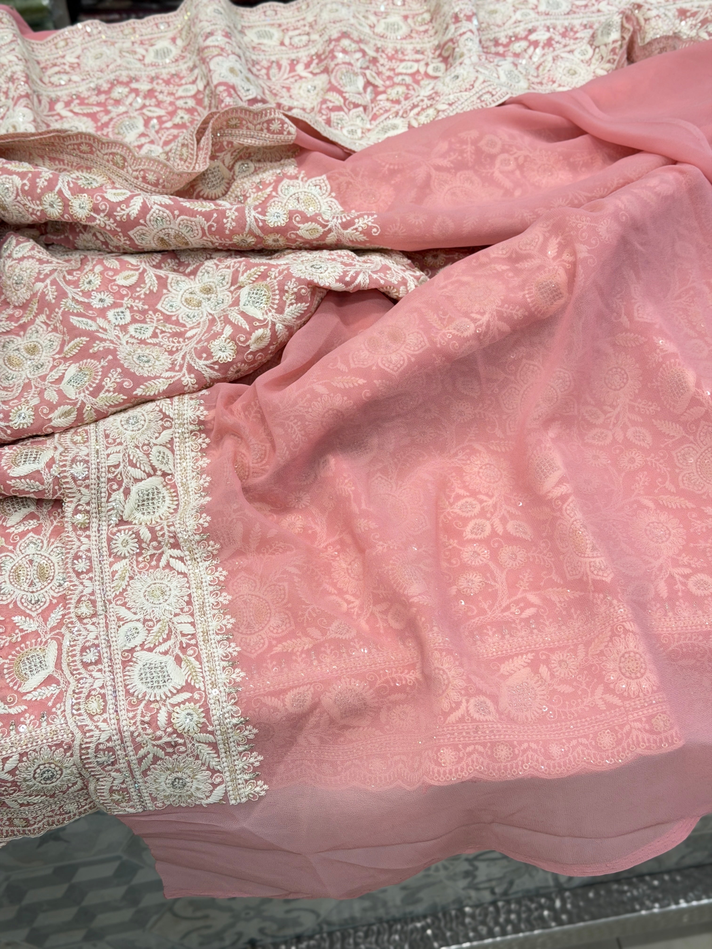 Pink Chikankari Georgette Small Scallop Design Saree
