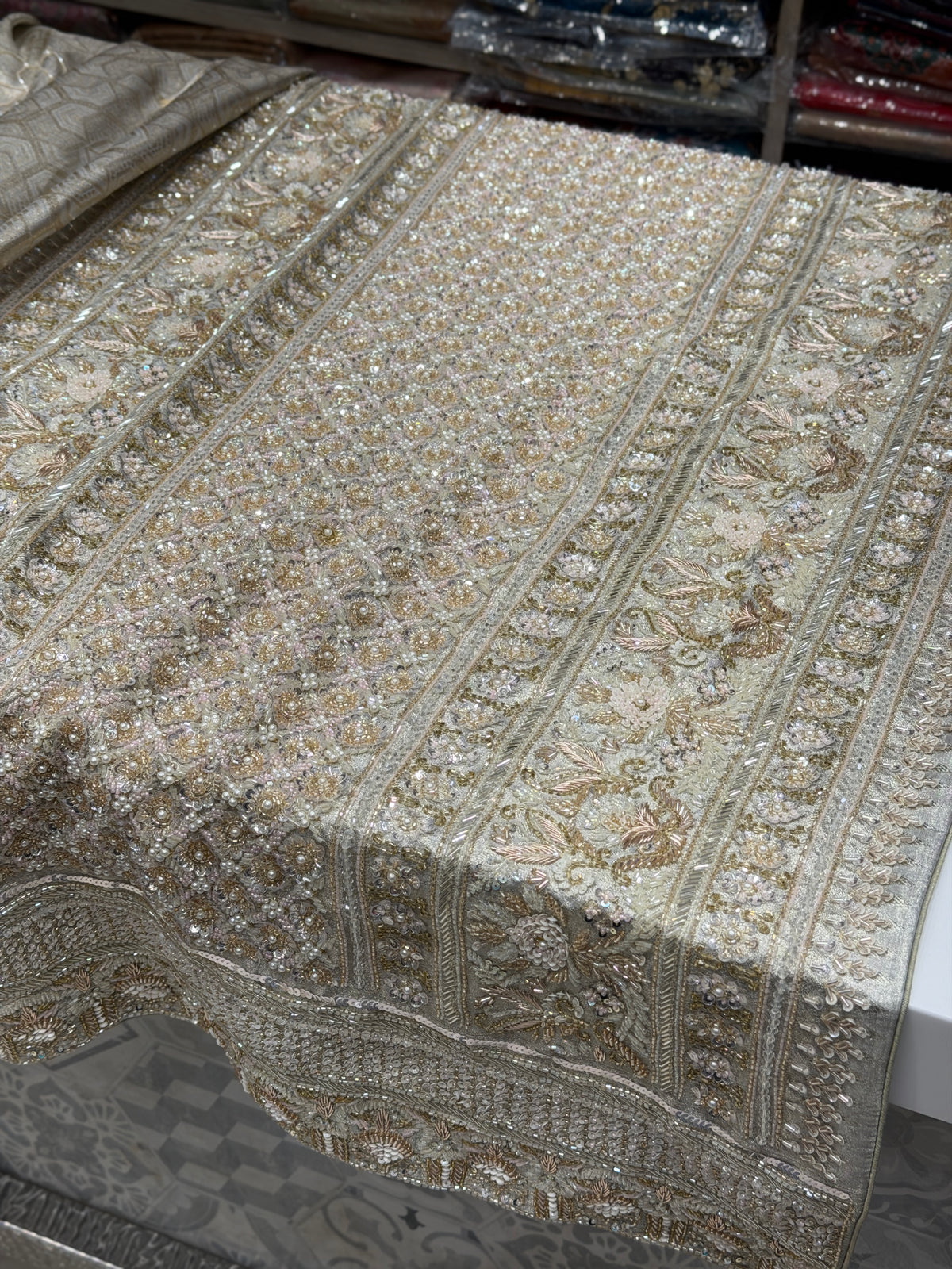 Silver Kanjivaram Three Zari Hand Embroidery Zardosi Moti Sequin Saree