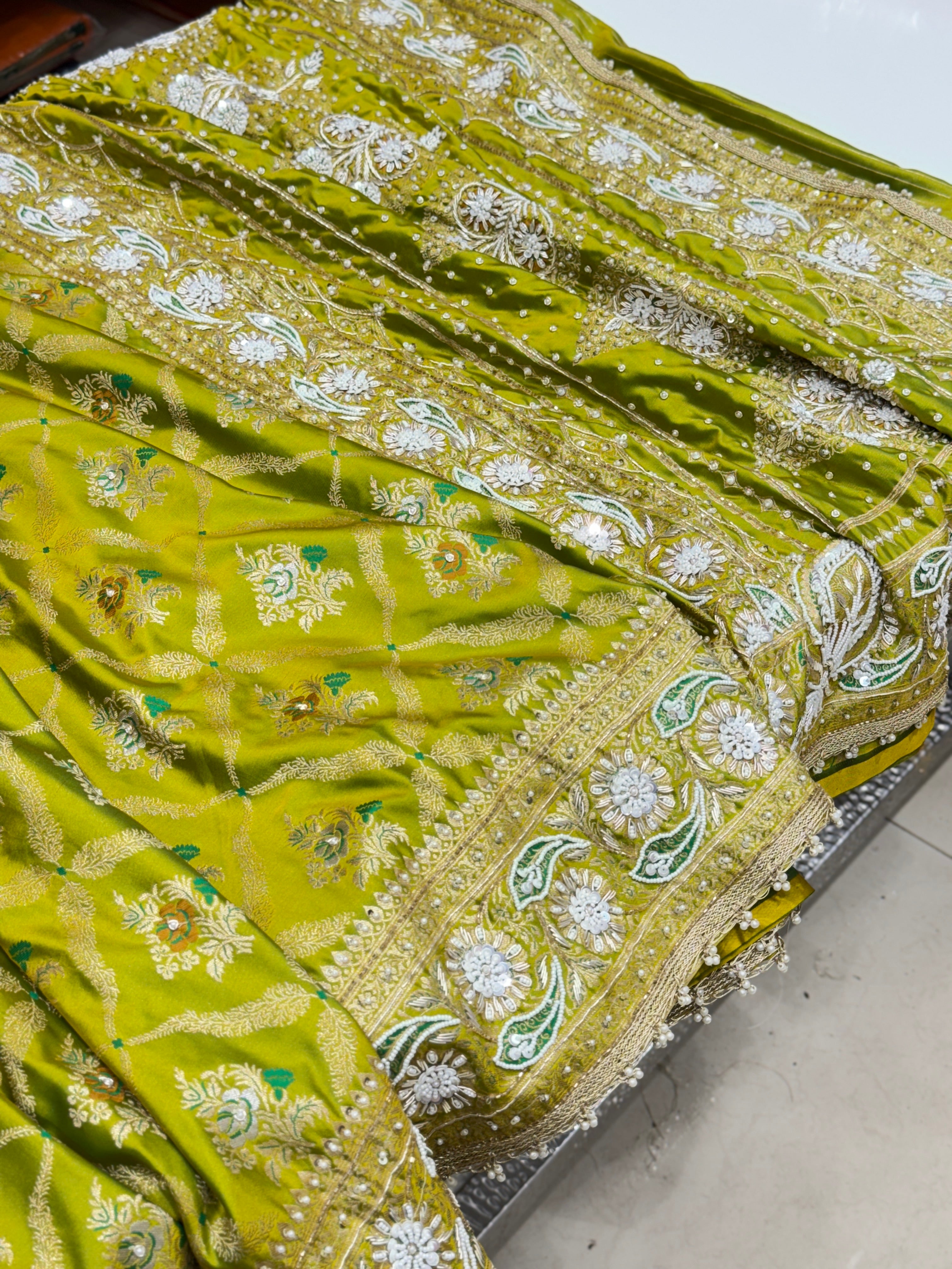 Green Banarasi With Moti Hand Embroidery Saree