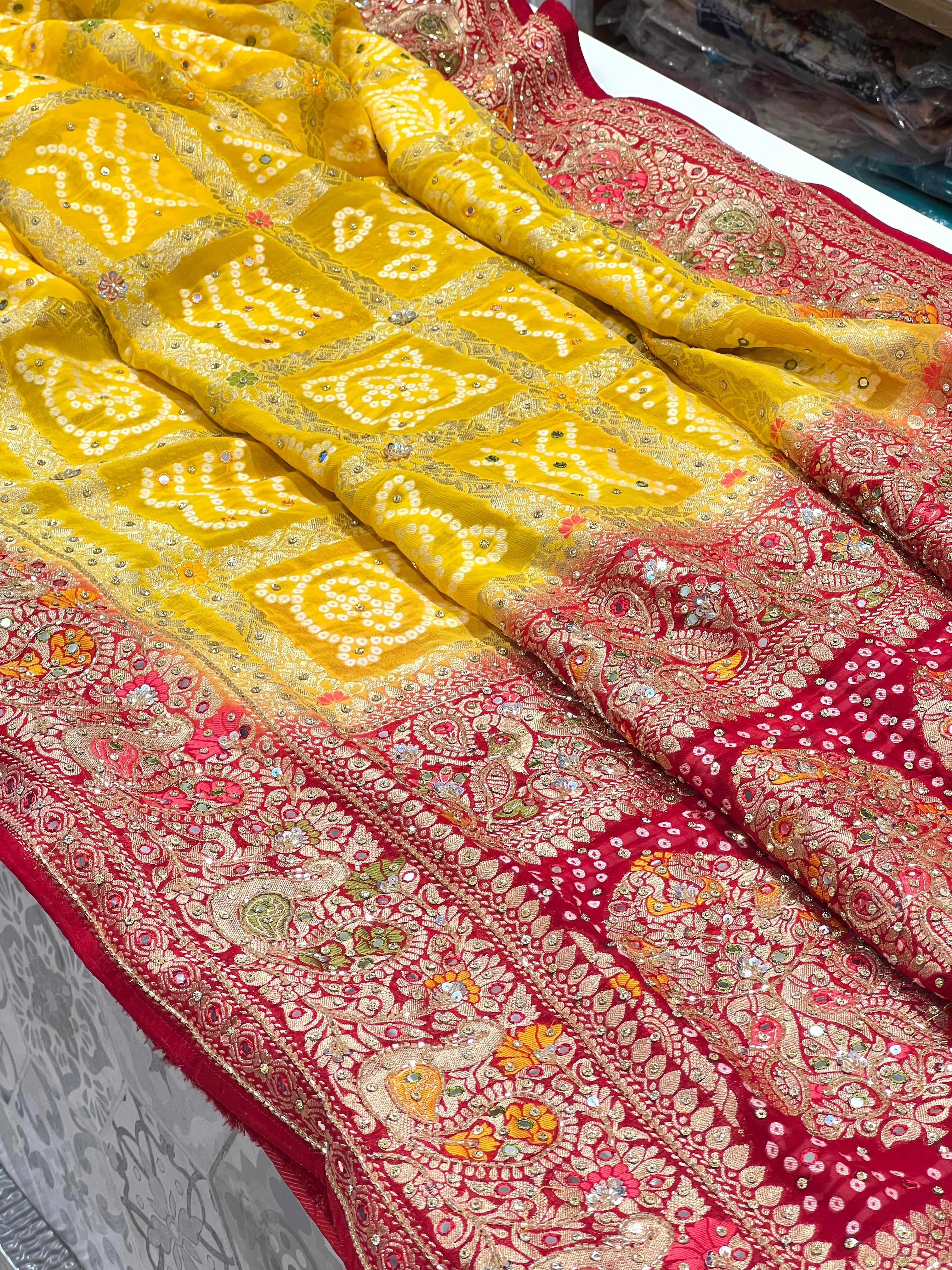 Yellow Red Gharchola Hand Embroidery Saree