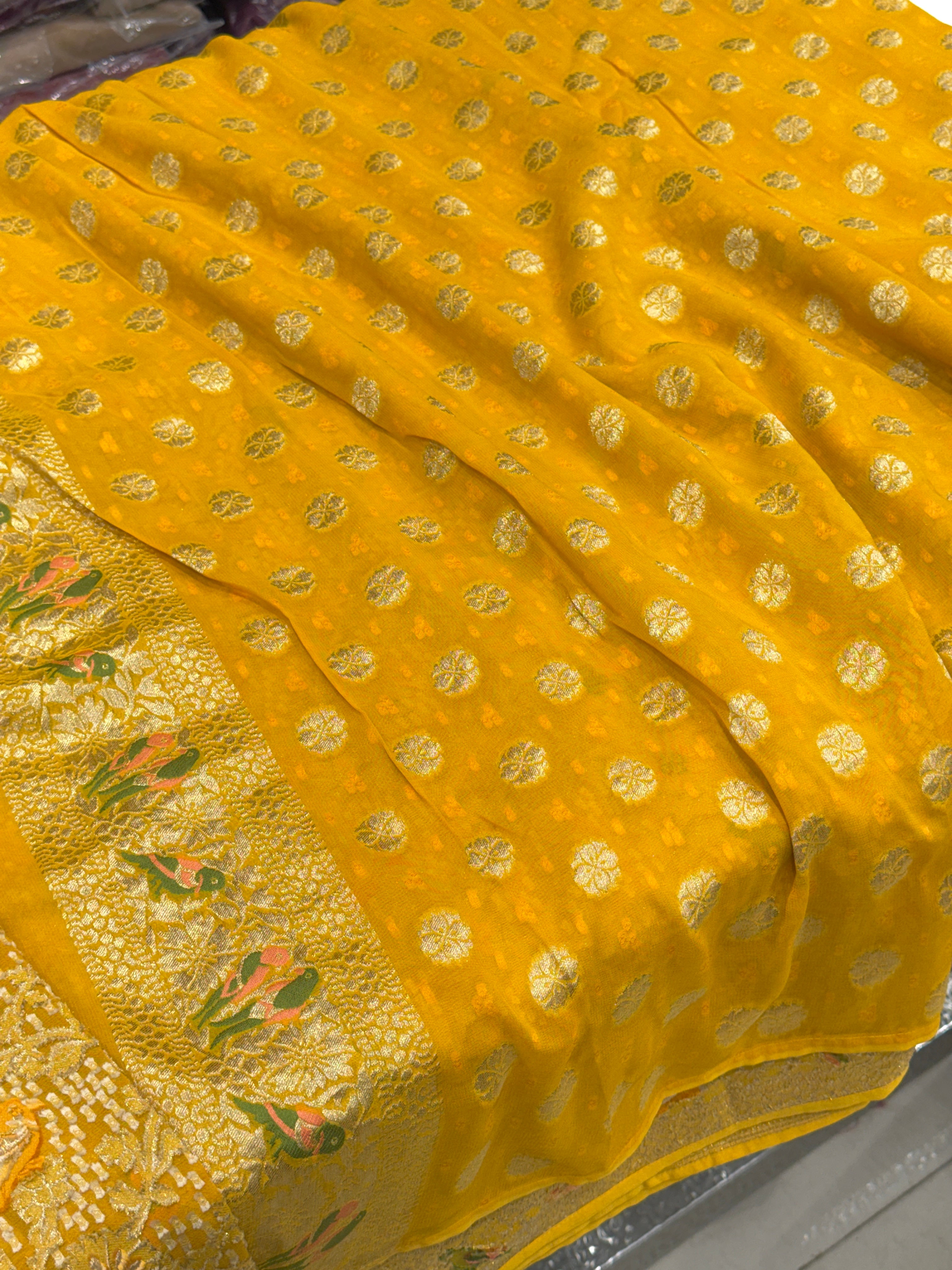 Yellow Woven Bandhej Meenakari Parrot Motif Saree