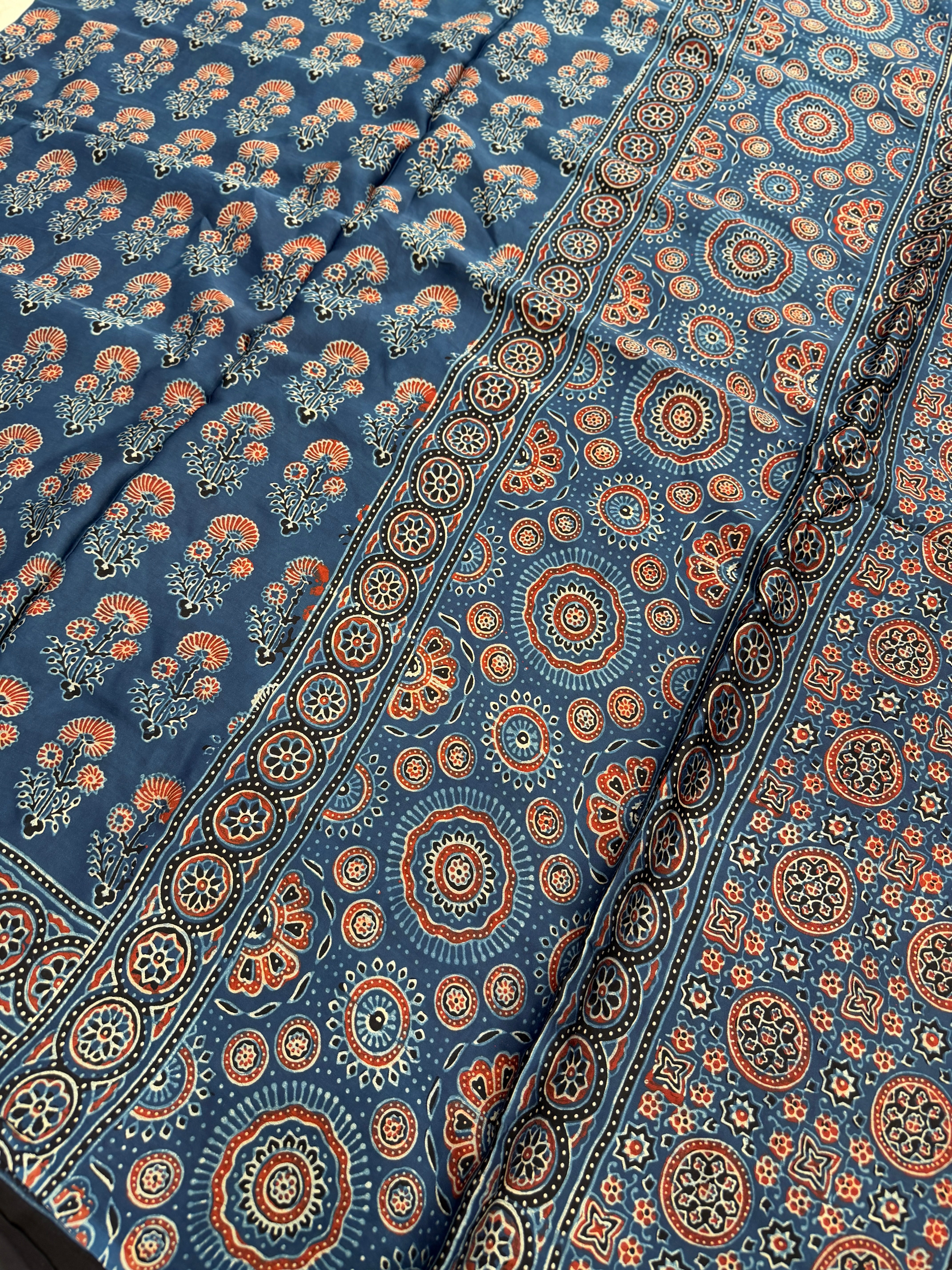 Blue Floral Buttas Ajrakh Hand Block Print Pure Gajji Silk Saree