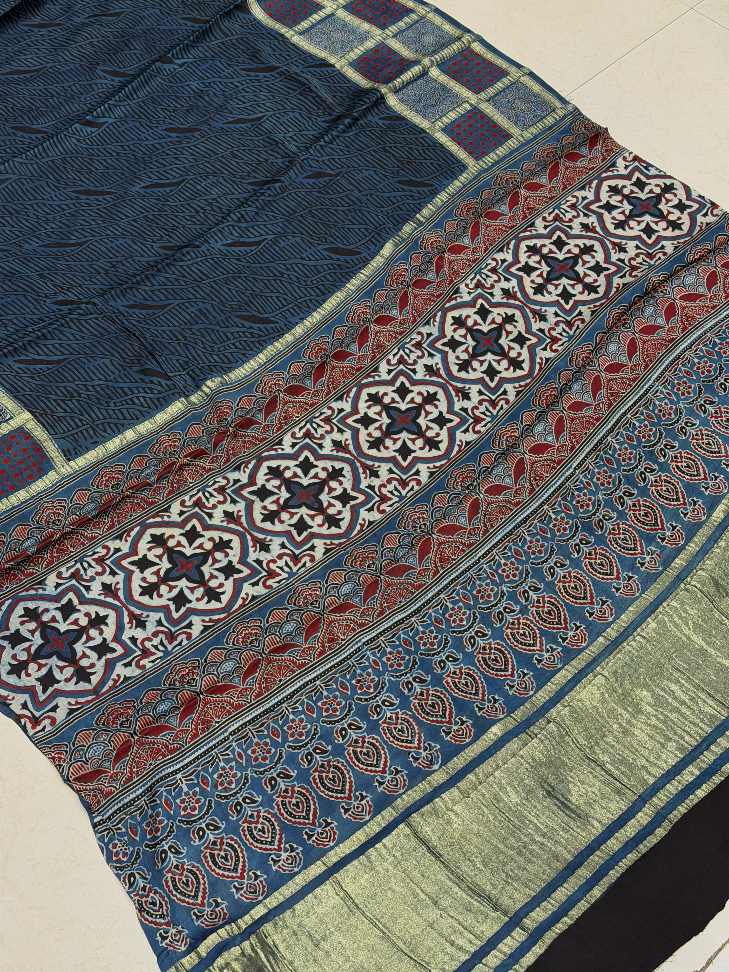 Blue Checks Red Dotts Lagdipatta Ajrakh Hand Block Print Pure Modal Silk Saree
