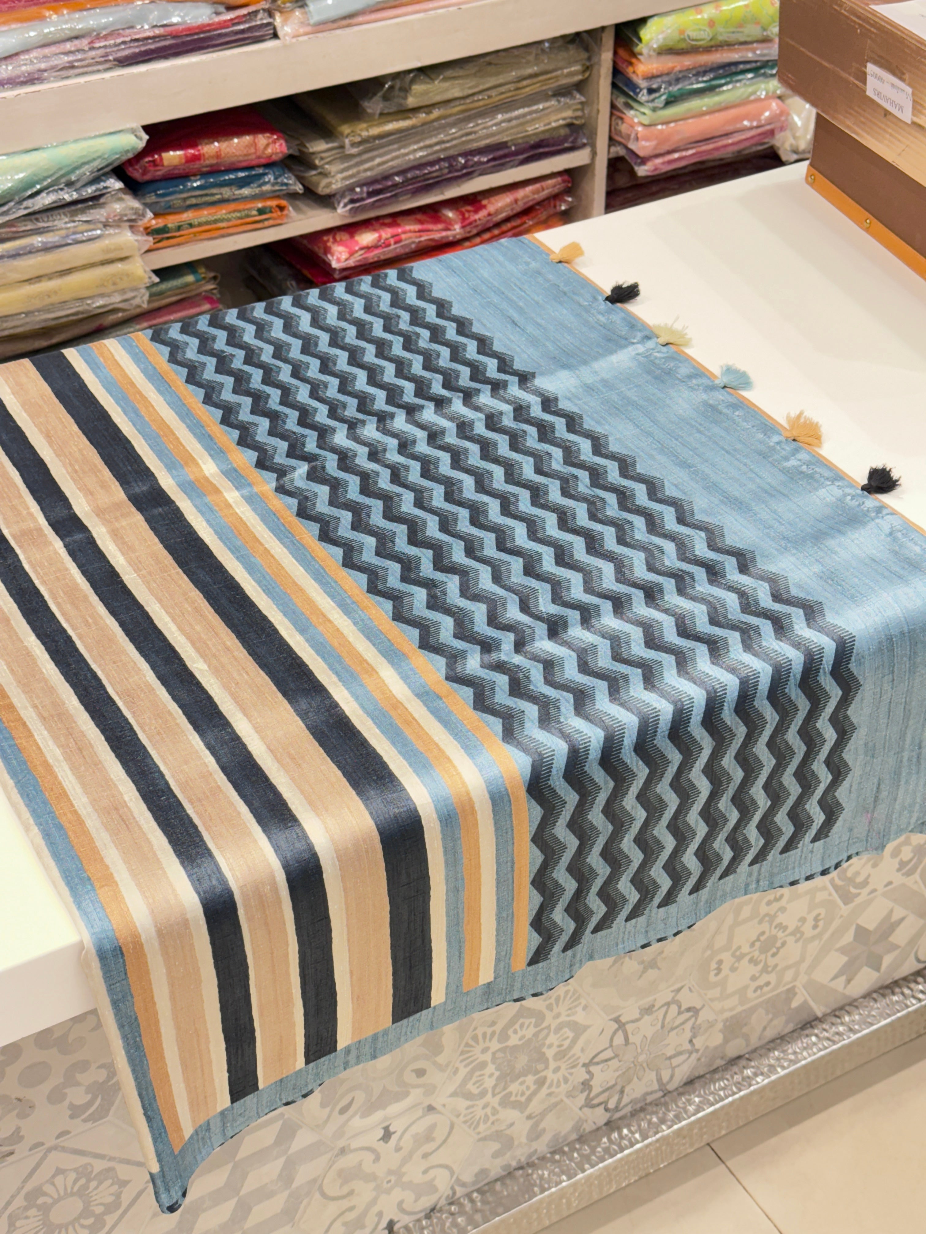 Beige Blue Contemporary Printed Tussor Saree