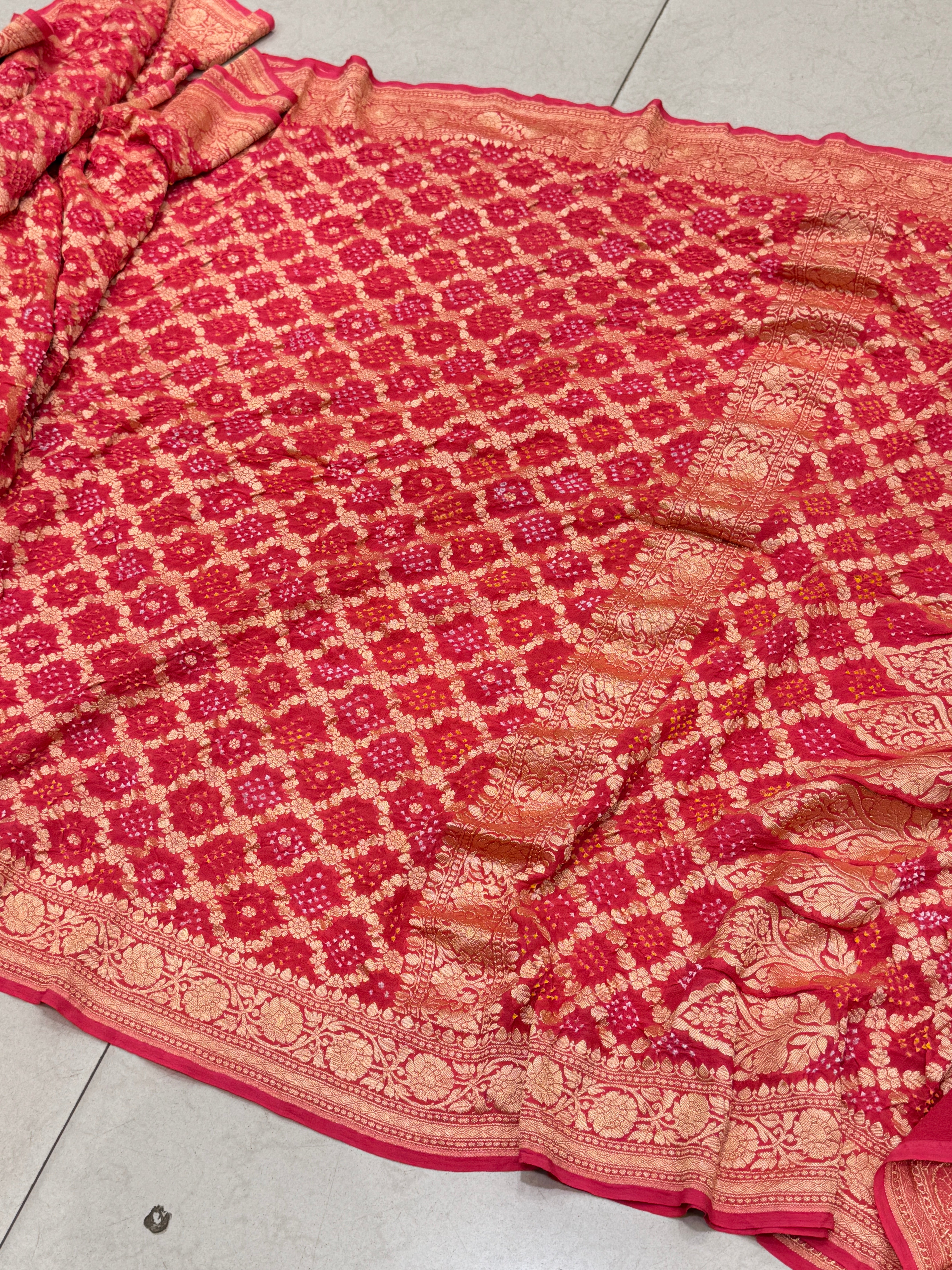 Peach Garnet Bandhej Bandhini Saree