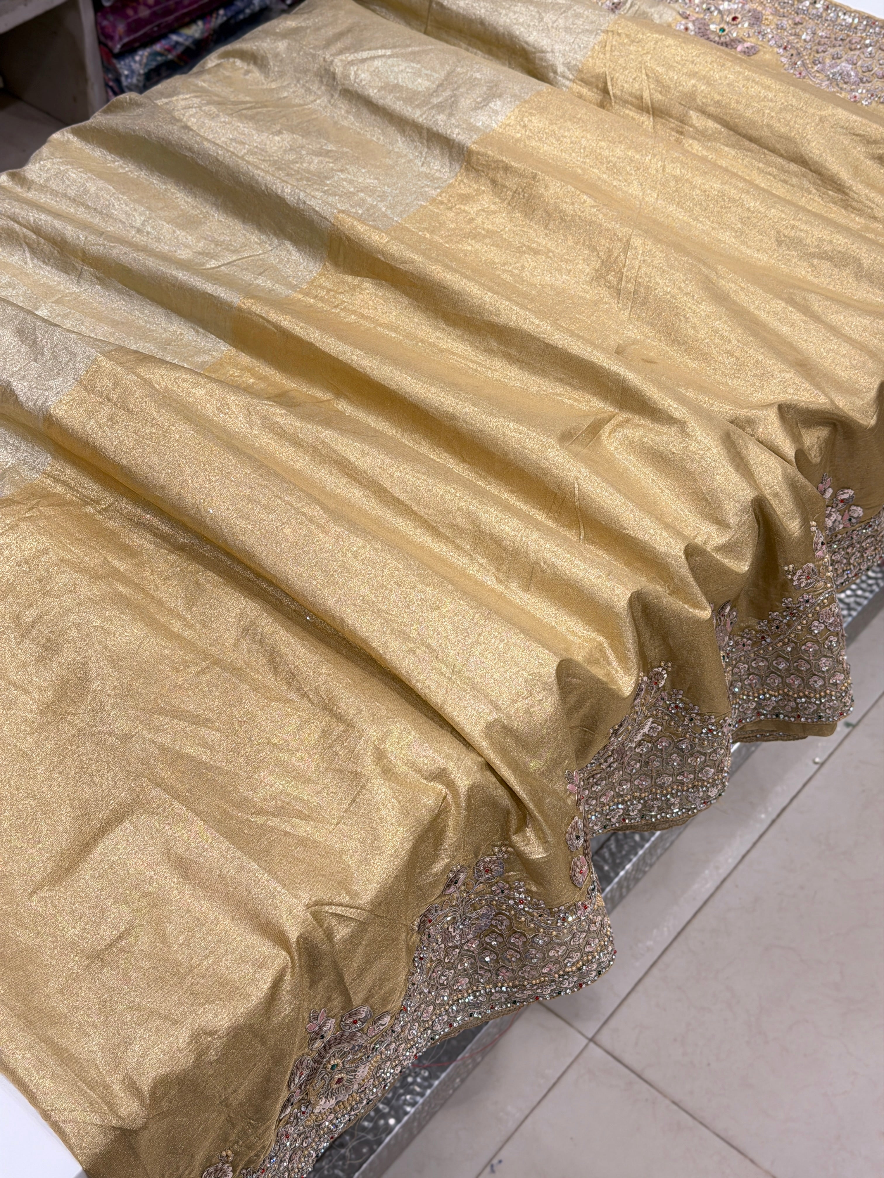Golden Crushed Paper Tissue Silk Embroidery Saree