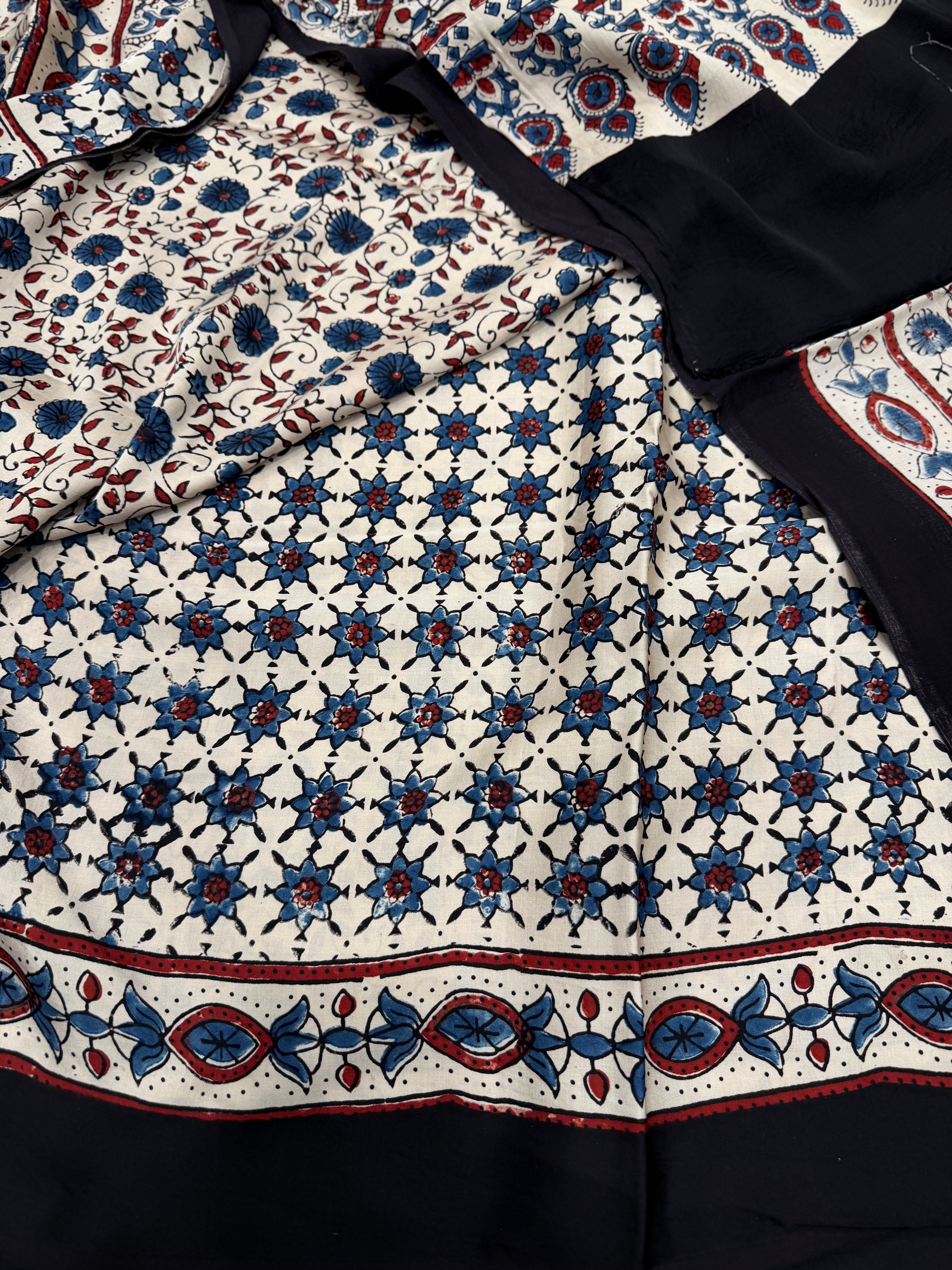 White Blue Flower Jaal Ajrakh Hand Block Print Pure Modal Silk Saree