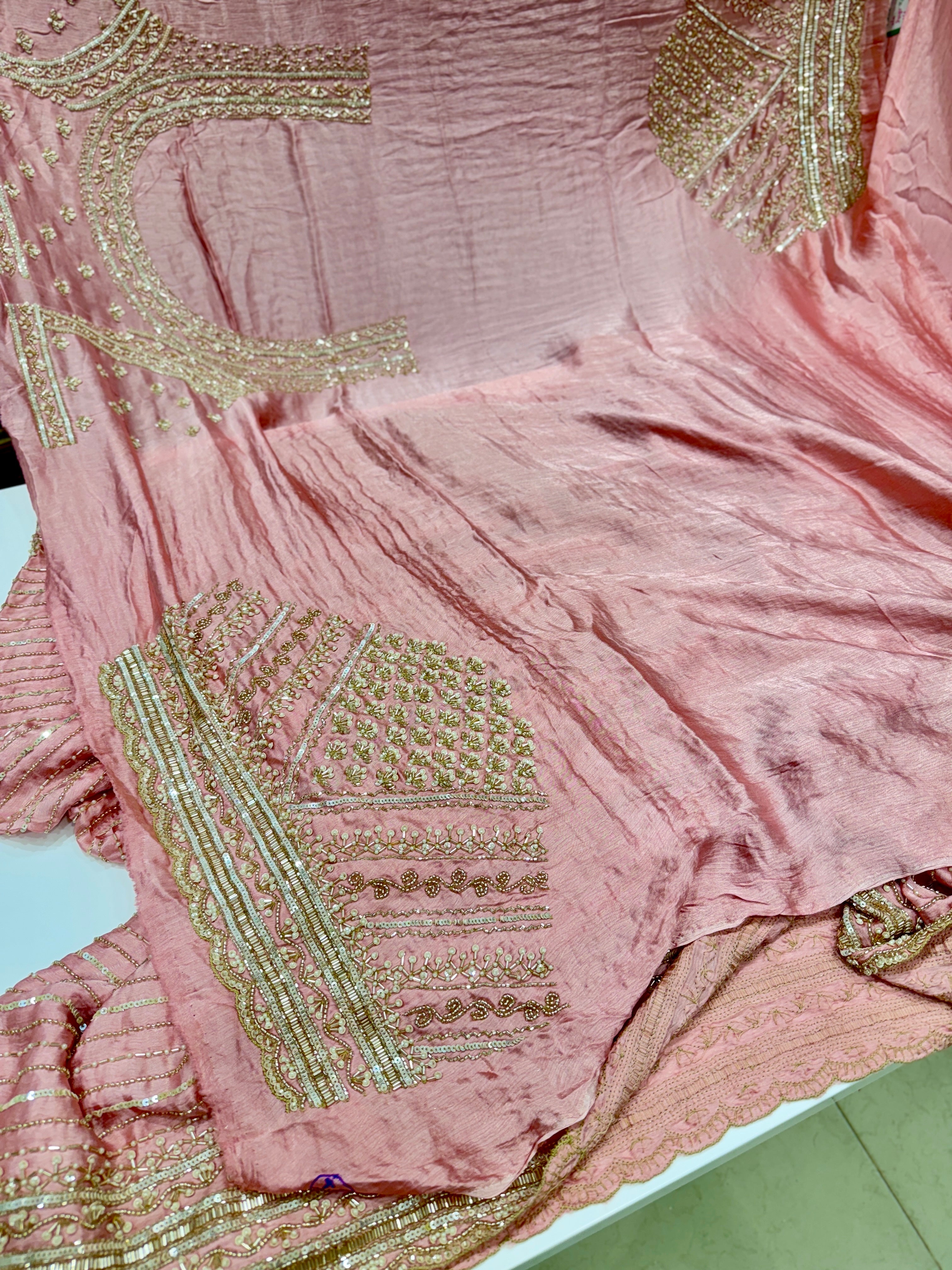 Light Pink Satin Moti Hand Embroidery Saree