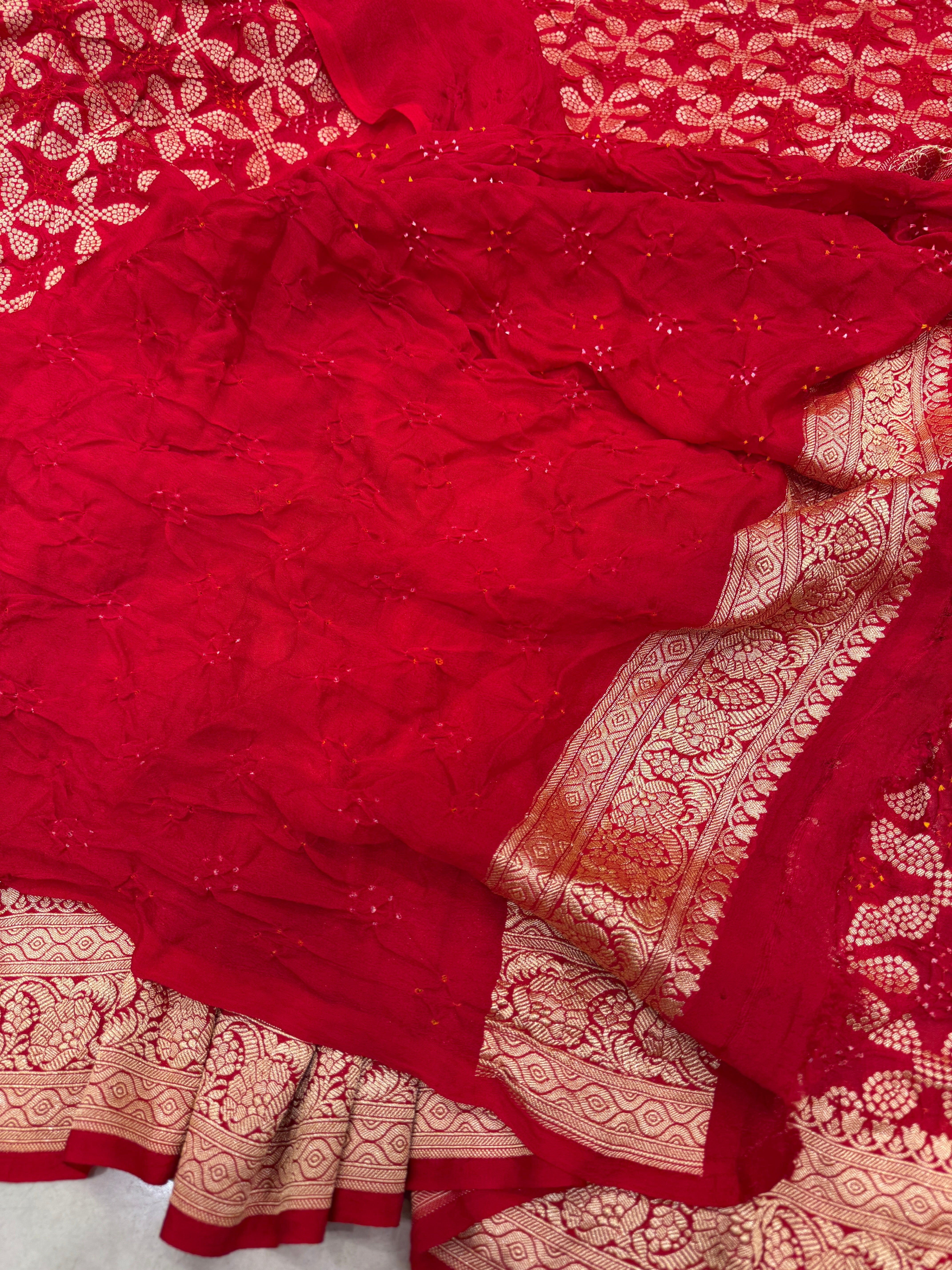 Red Five Petals Bandhej Bandhini Saree