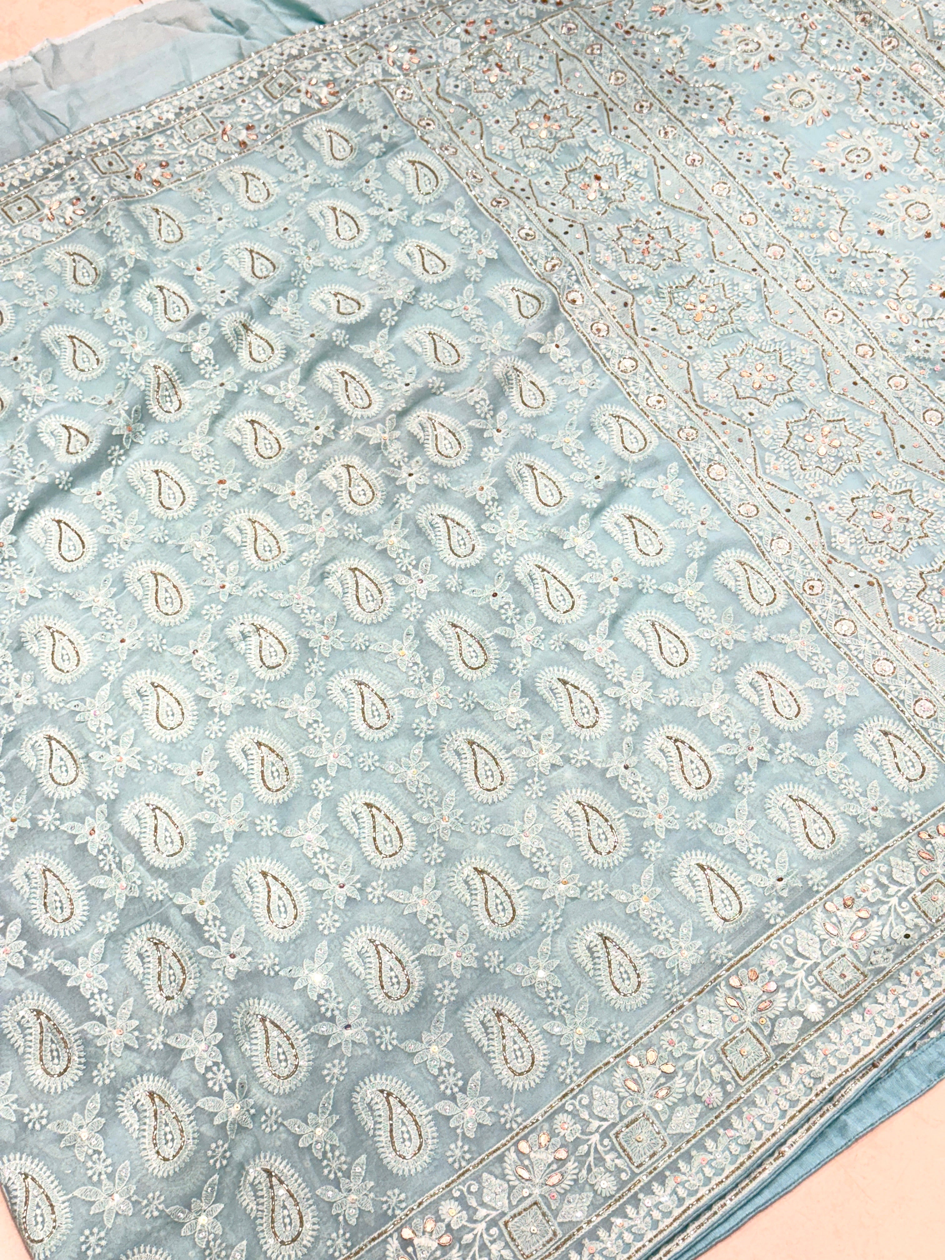 Light Blue Chikankari Design on Georgette with Cutdana Hand Embroidery