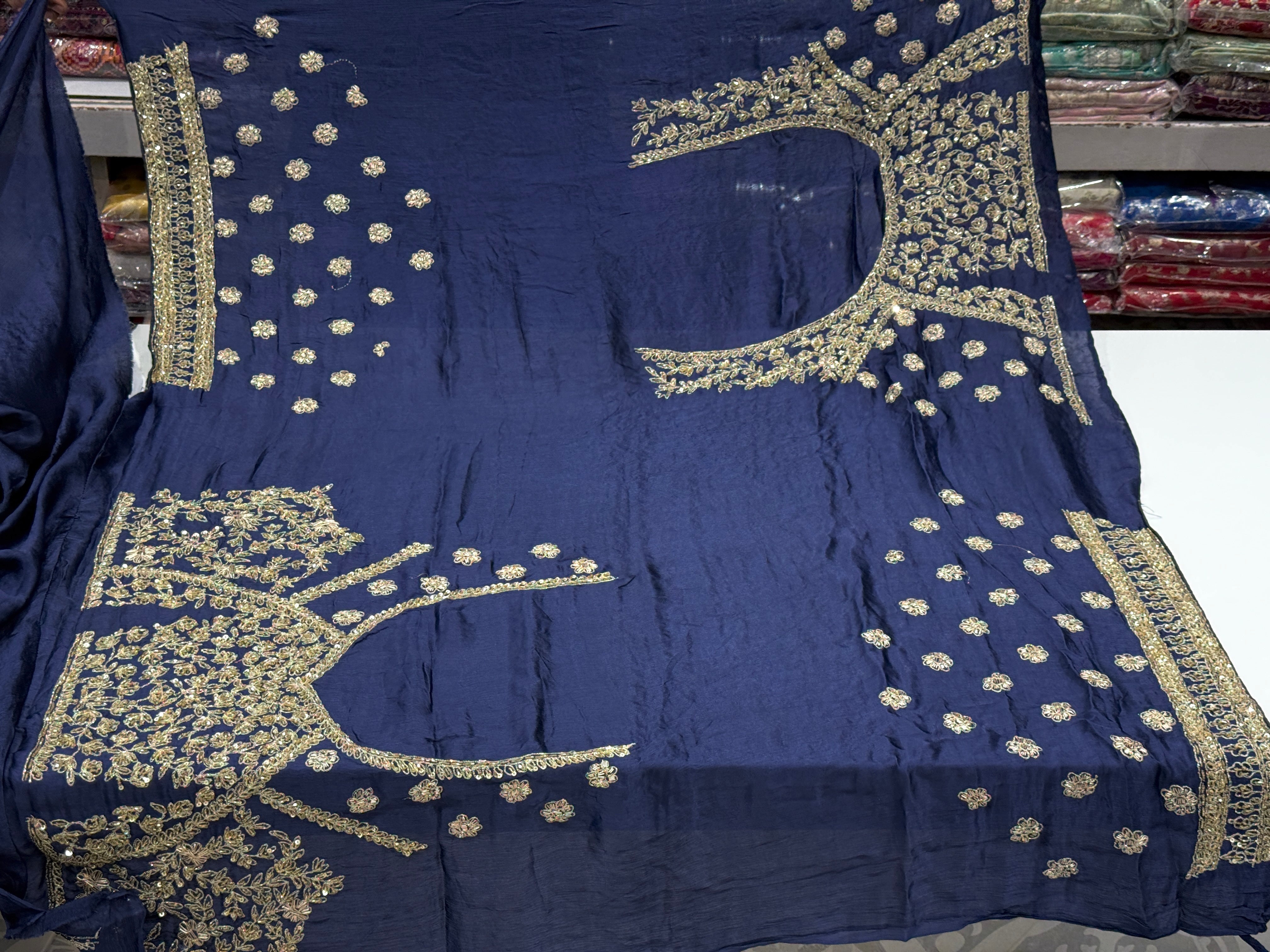 Blue Crepe Satin Sabyasachi Inspired Zardosi Jaal Embroidery Saree