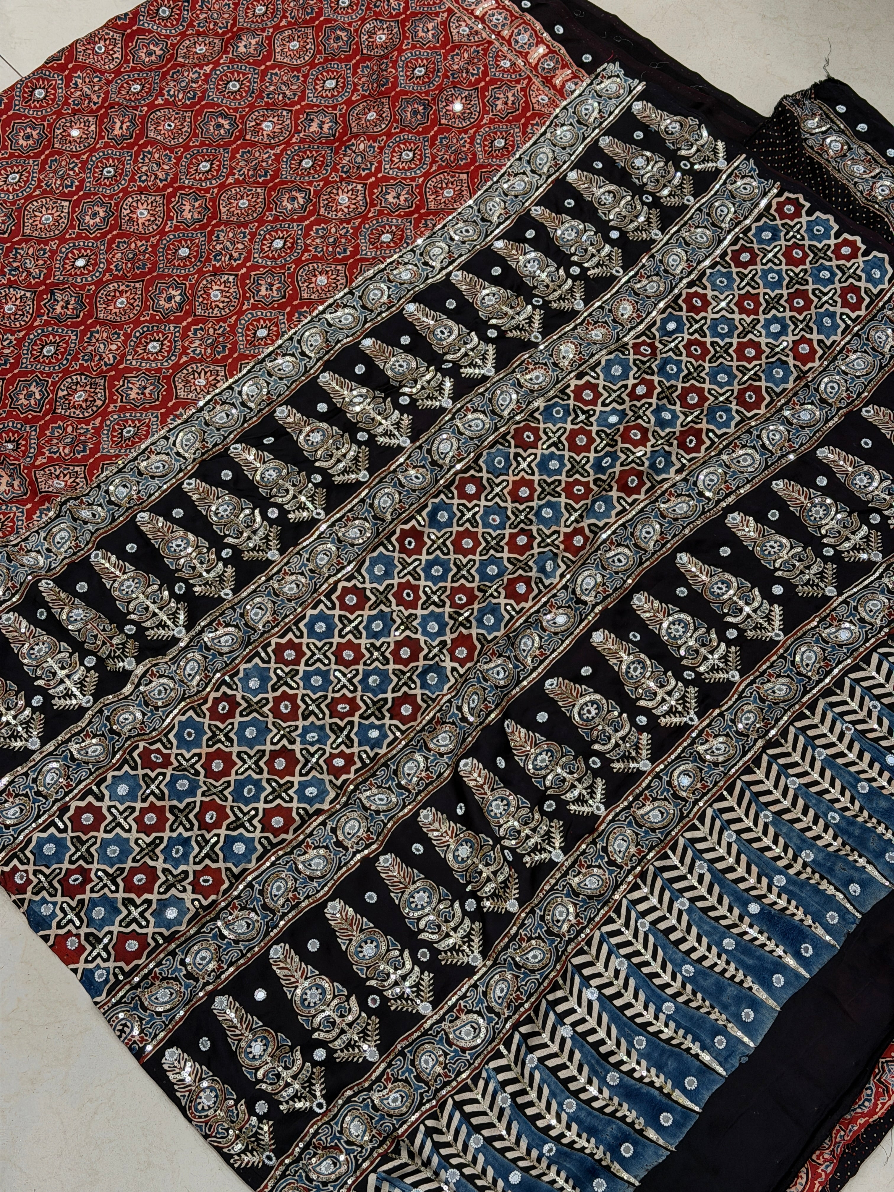 Red Badam Butta Ajrakh Jaal Real Mirror Moti Sequin Hand Embroidery Saree