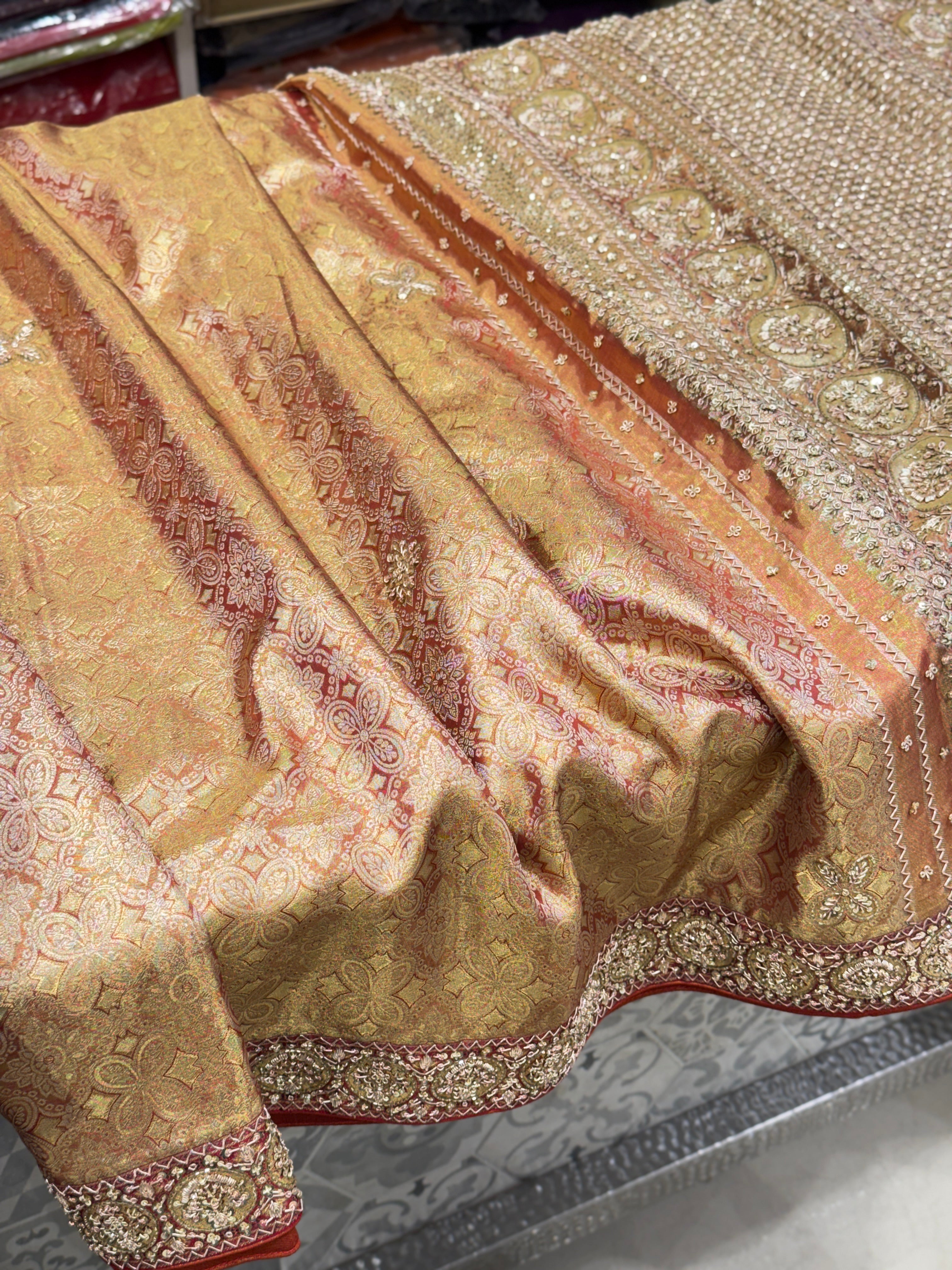 Golden Red Dhup Chav Kanjivaram Small Border Hand Embroidery Zardosi Saree