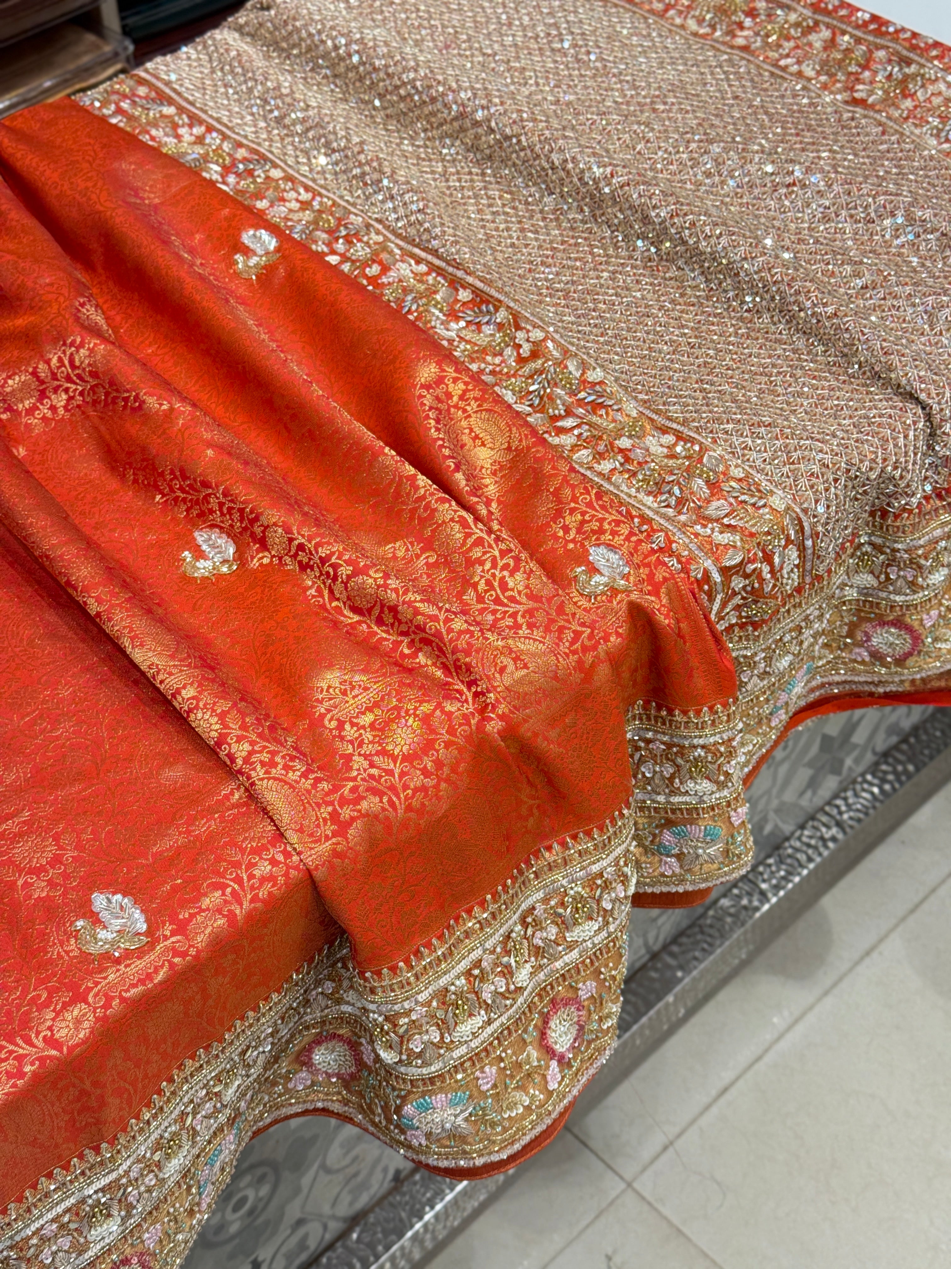 Rust Orange Kanjivaram Hand Embroidery Saree