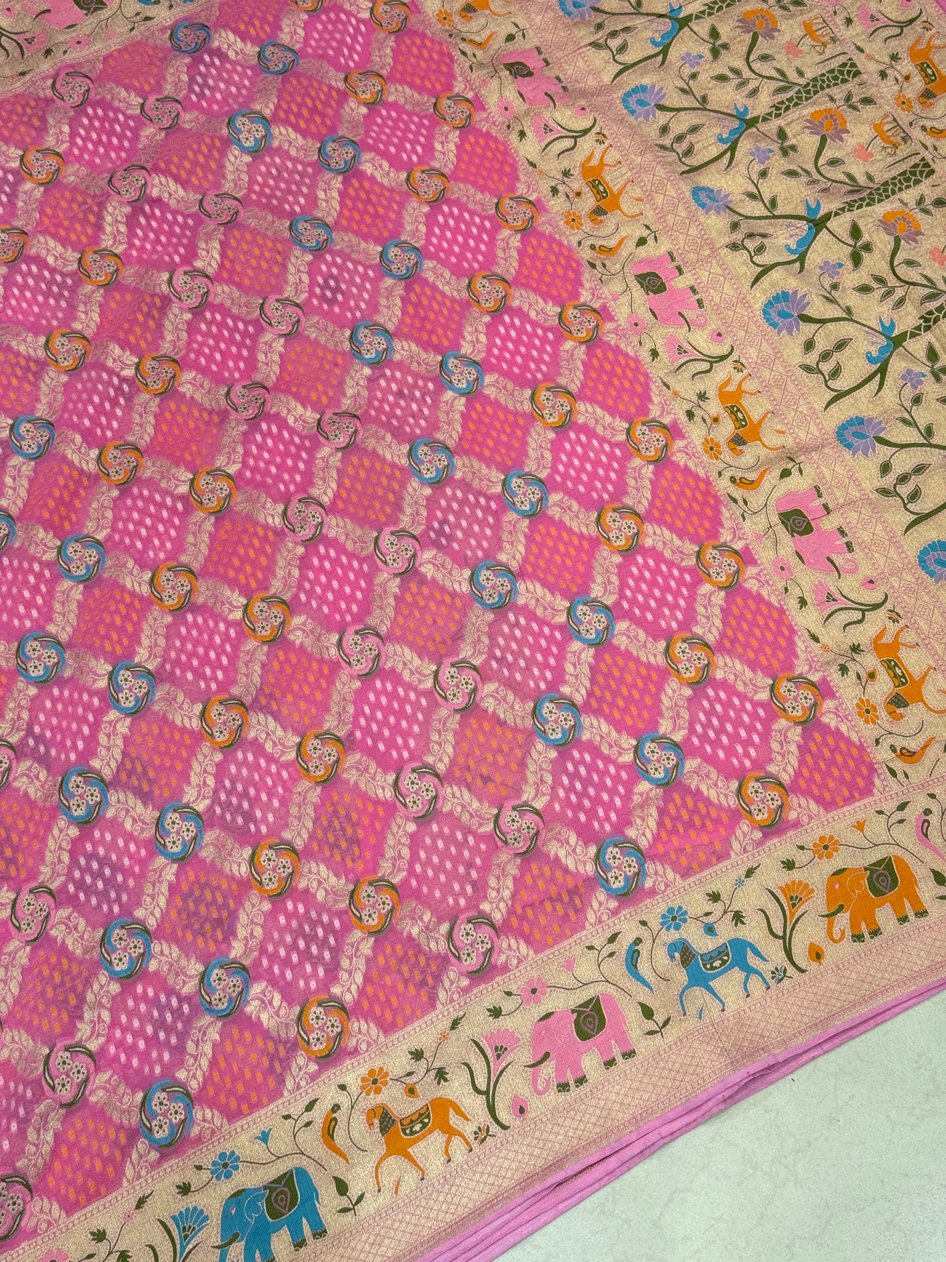 Pink Meenkari Asvah Hastin Border Woven Bandhej Saree