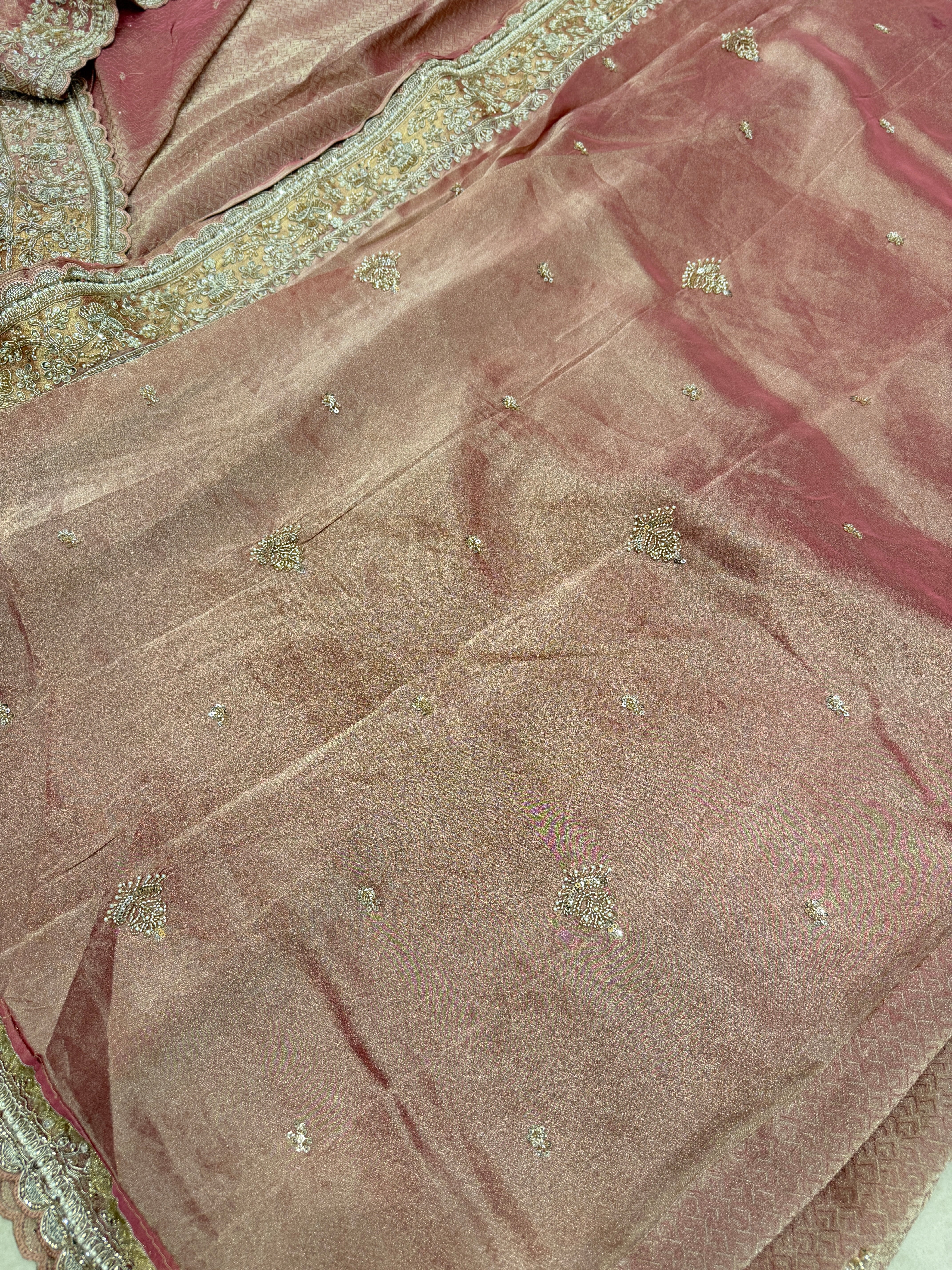 Light Pink Crepe Tissue Weaved Moti Cutana Embroidery Saree