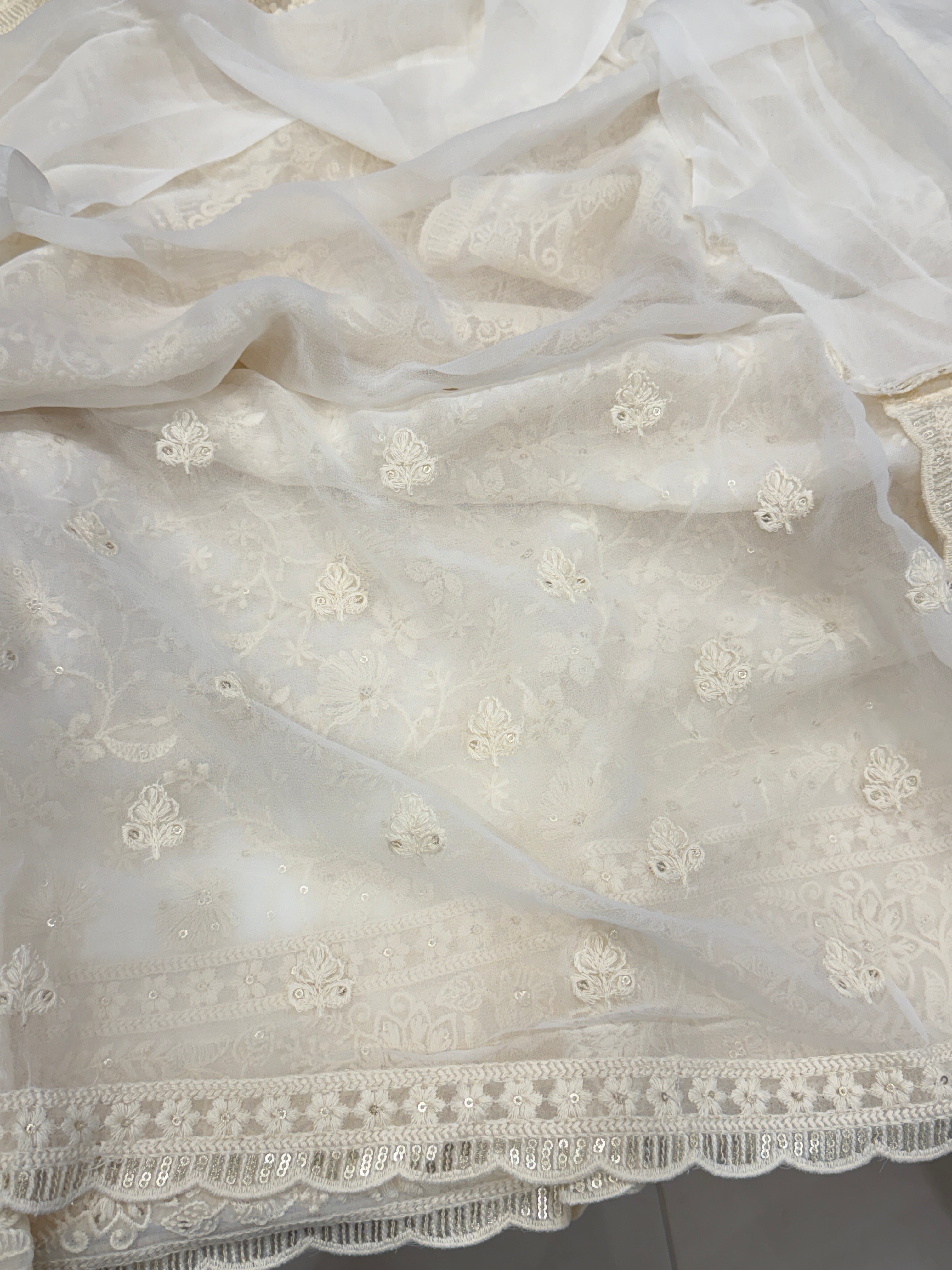 White Chikankari Georgette Floral Jaal Resham Sequin Embroidery Saree