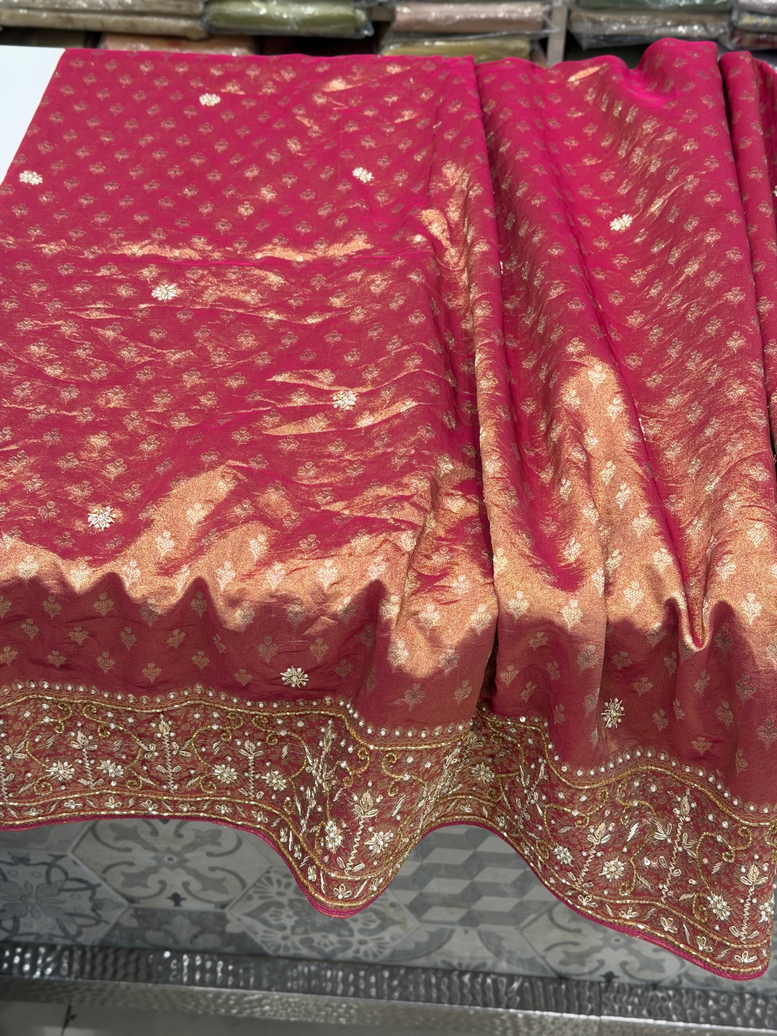 Red Tissue Banarasi Buttis Zardosi Embroidery Saree